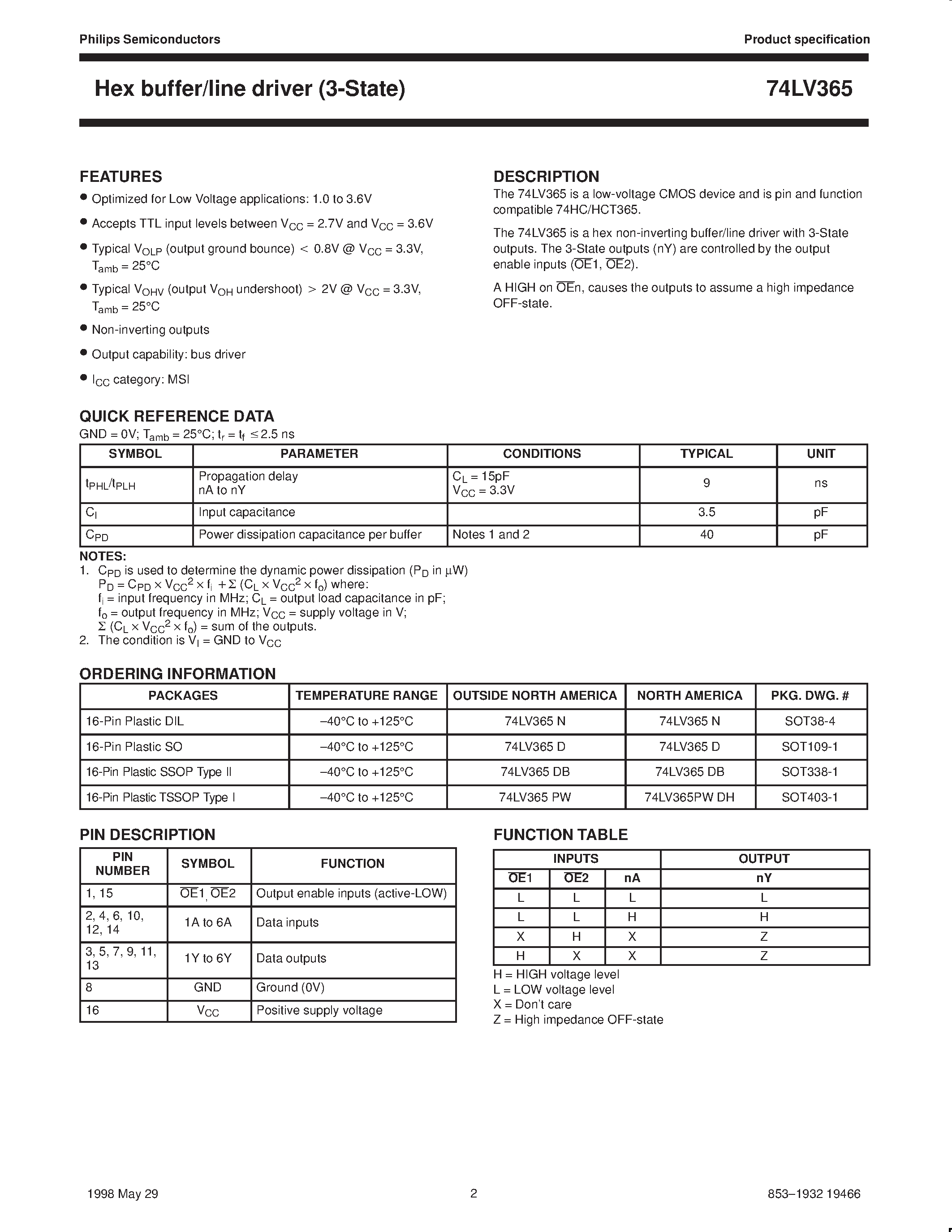 Даташит 74LV365 - Hex buffer/line driver 3-State страница 2