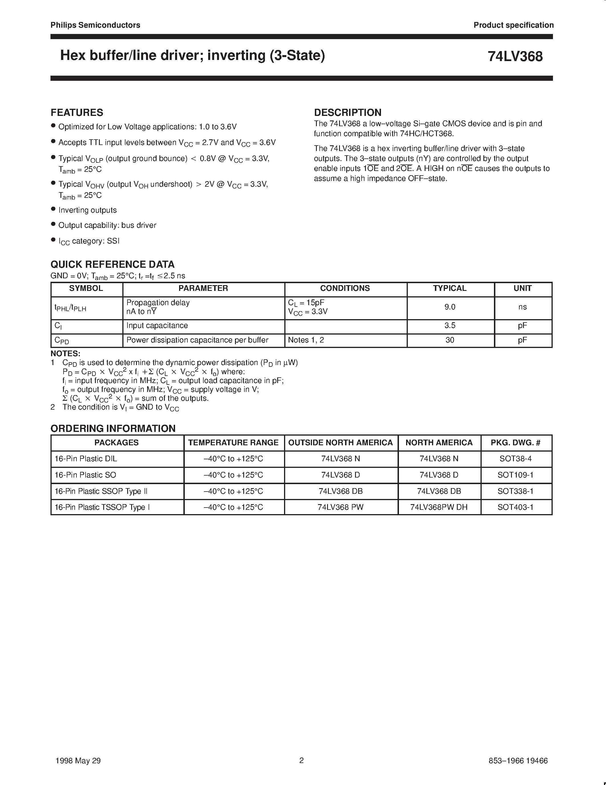 Даташит на микросхему 74LV368 страница 2 Даташит 74LV368 - Hex buffer/line driver; inverting 3-State страница 2