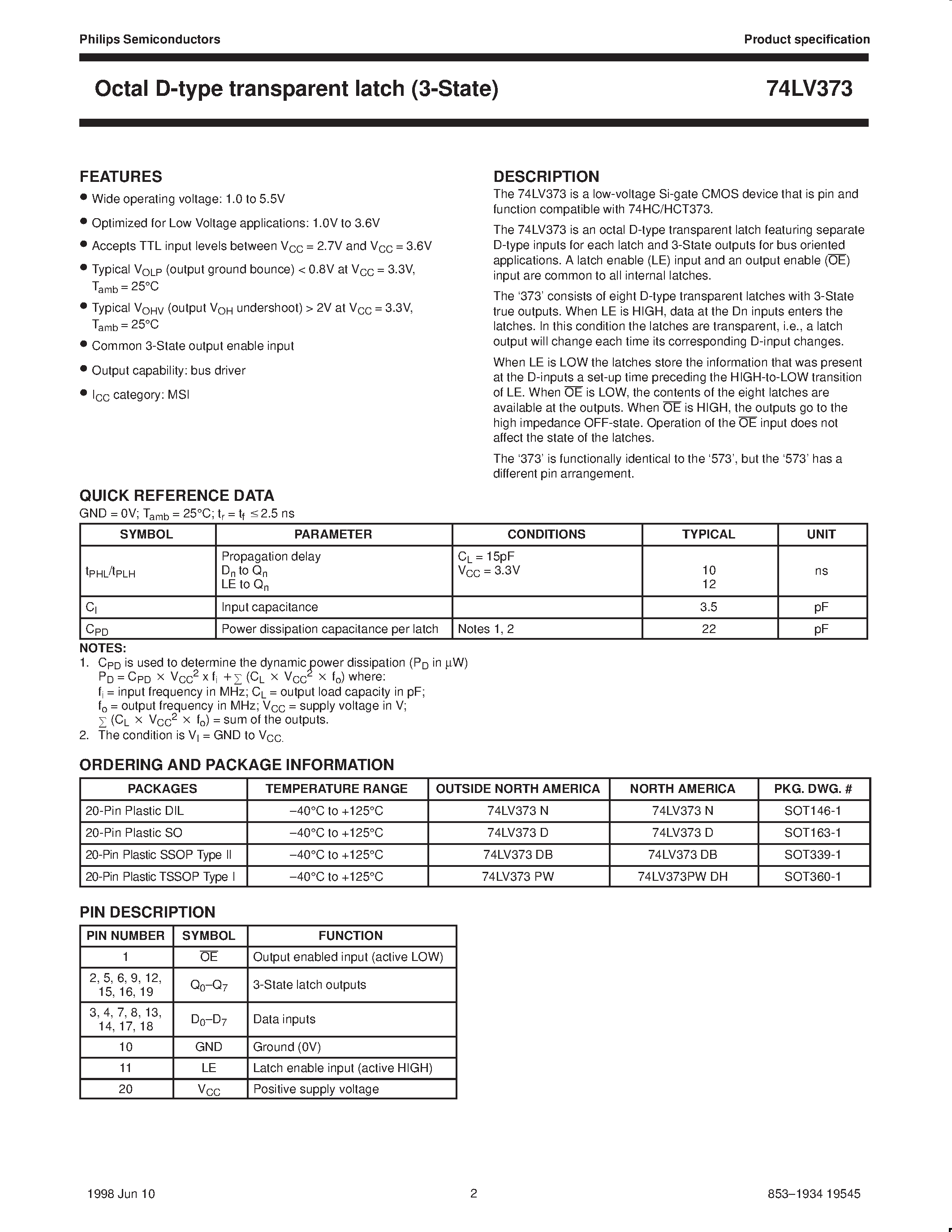 Datasheet 74LV373 - Octal D-type transparent latch 3-State page 2