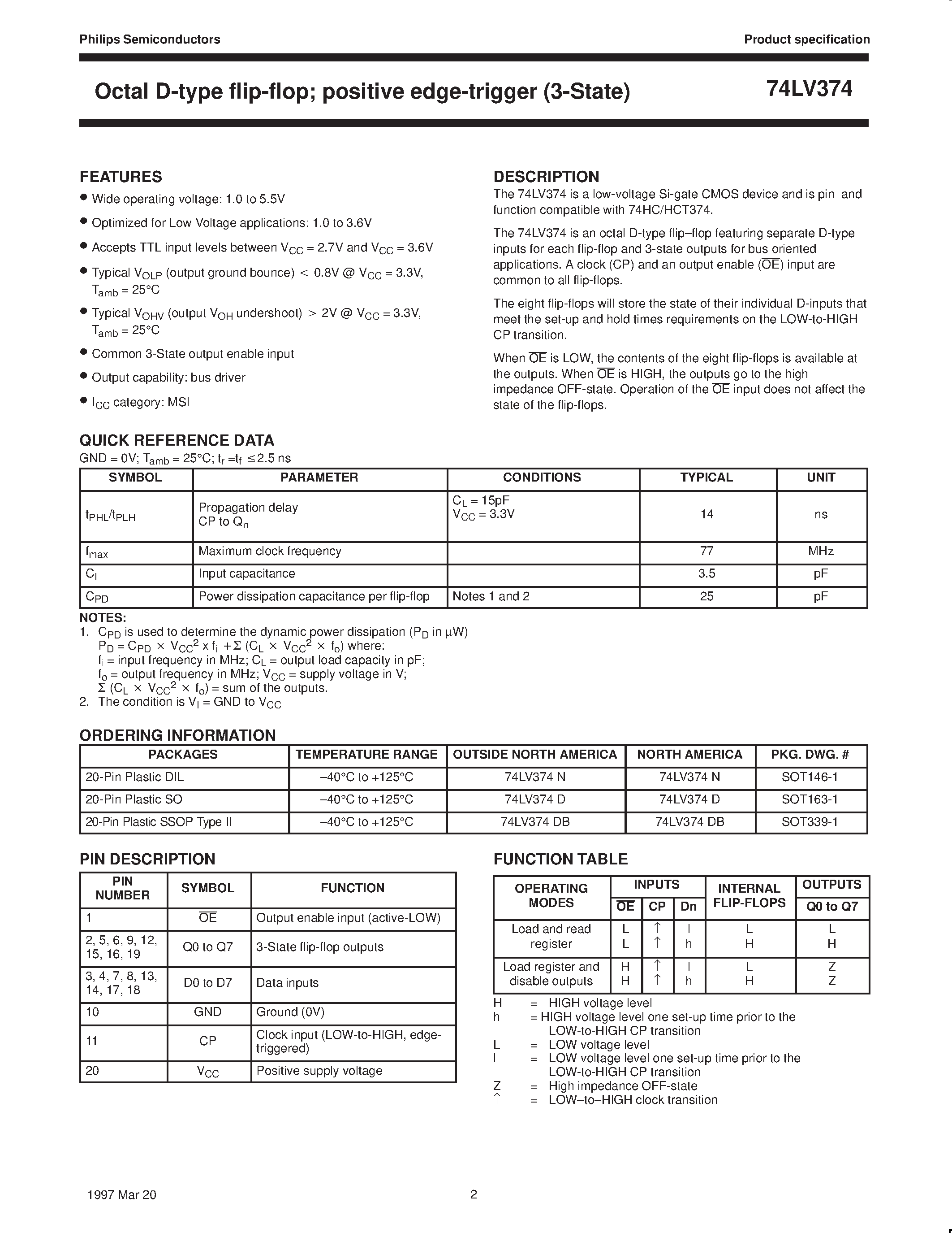 Даташит 74LV374 - Octal D-type flip-flop; positive edge-trigger 3-State страница 2