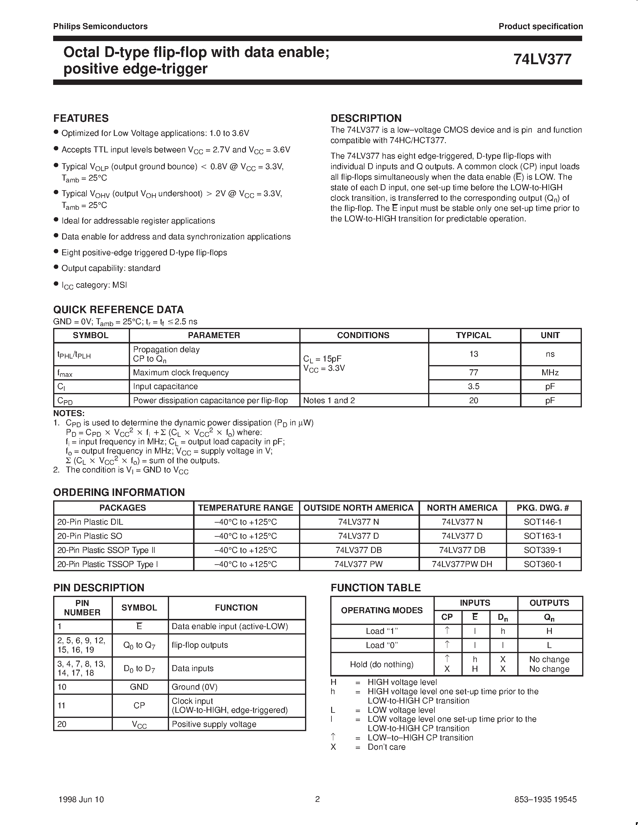 Datasheet 74LV377 - Octal D-type flip-flop with data enable; positive edge-trigger page 2