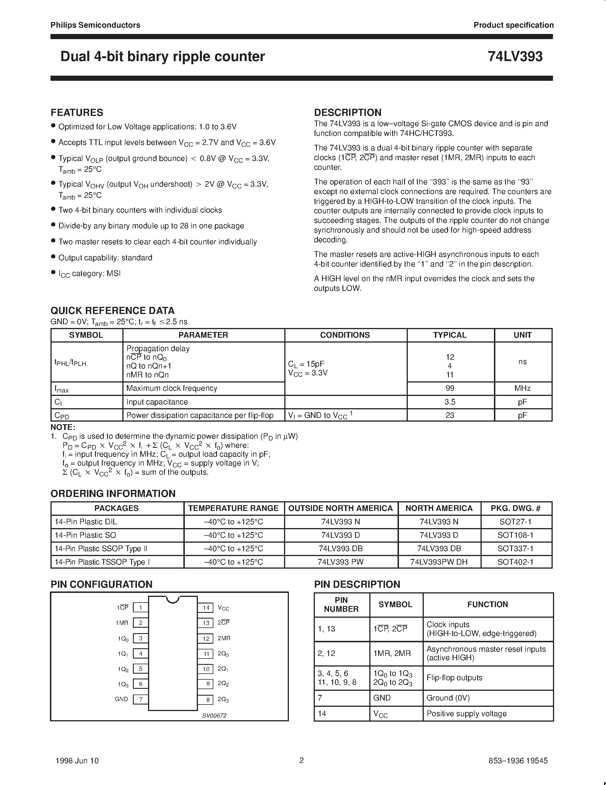 Даташит на микросхему 74LV393 страница 2 Даташит 74LV393 - Dual 4-bit binary ripple counter страница 2
