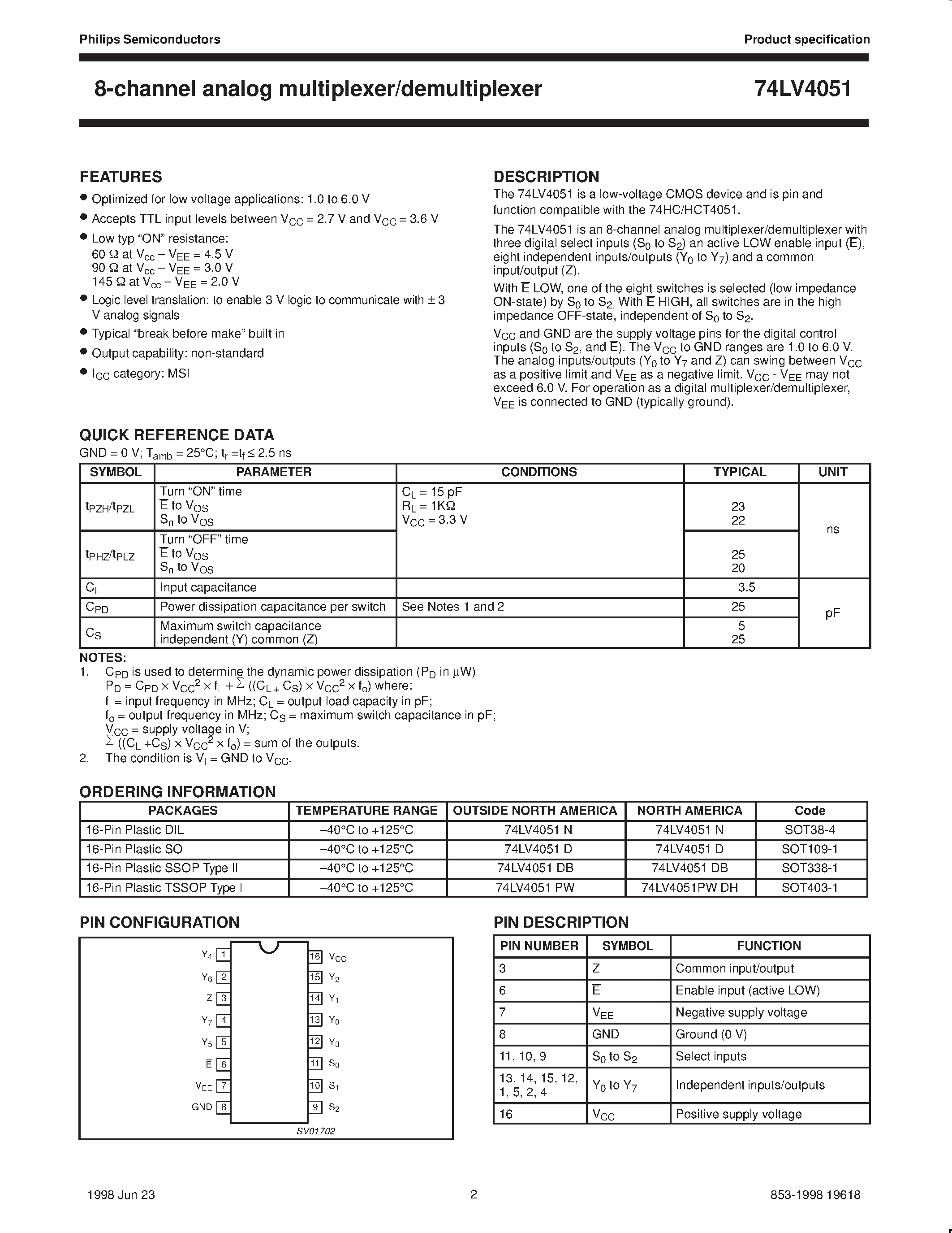 Даташит 74LV4051 - 8-channel analog multiplexer/demultiplexer страница 2