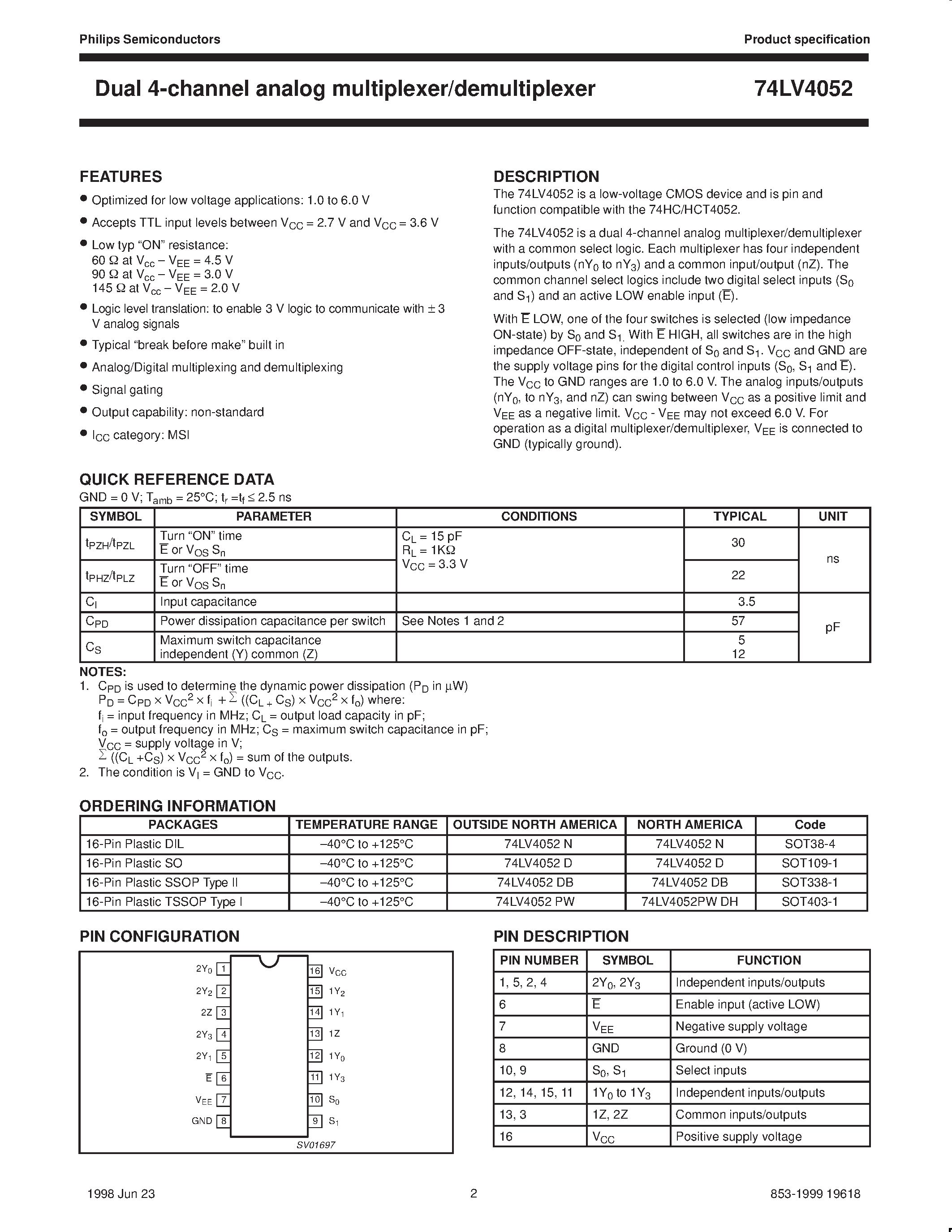 Даташит 74LV4052 - Dual 4-channel analog multiplexer/demultiplexer страница 2