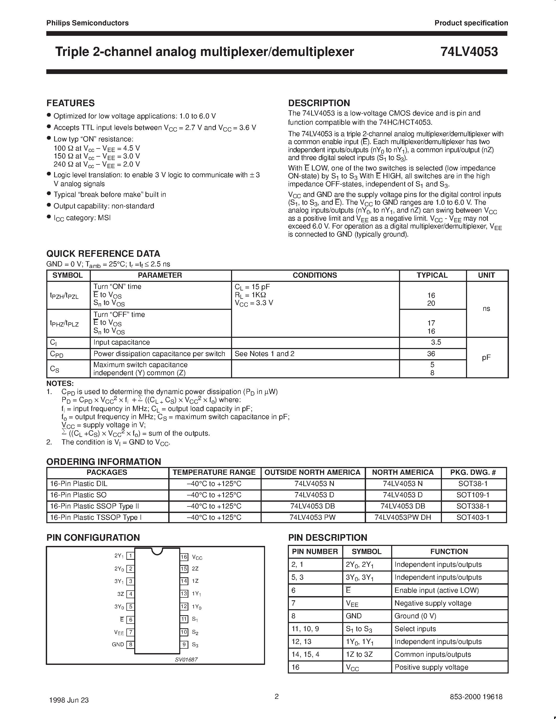 Даташит на микросхему 74LV4053 страница 2 Даташит 74LV4053 - Triple 2-channel analog multiplexer/demultiplexer страница 2