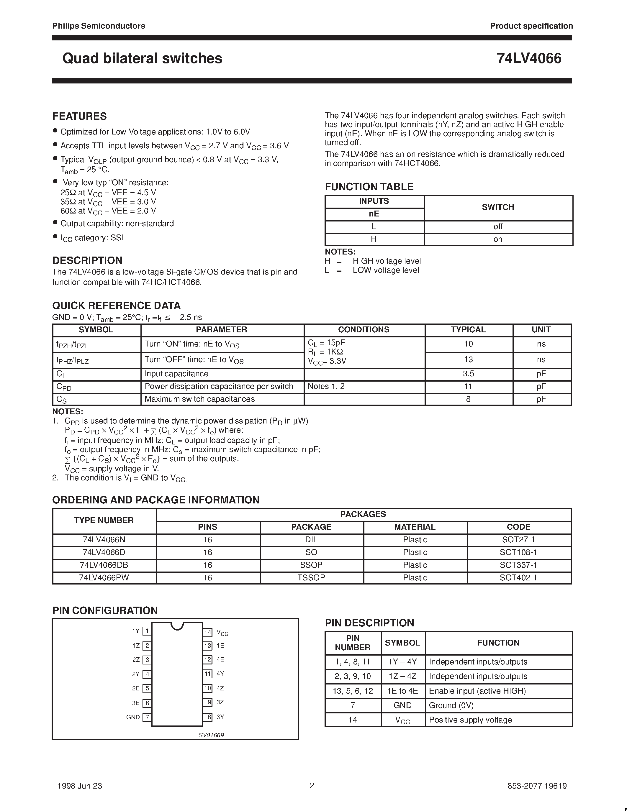 Datasheet 74LV4066 - Quad bilateral switches page 2