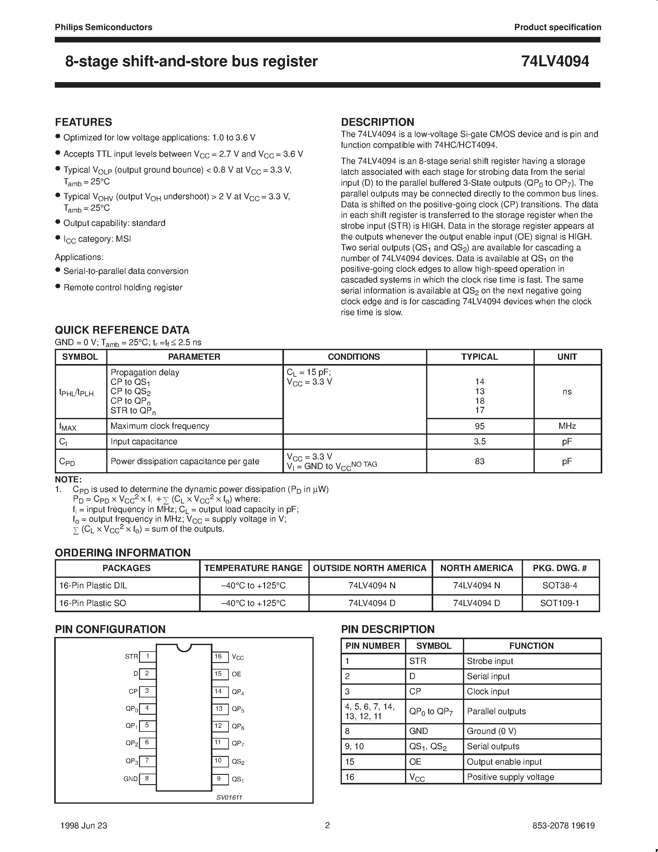 Даташит 74LV4094 - 8-stage shift-and-store bus register страница 2