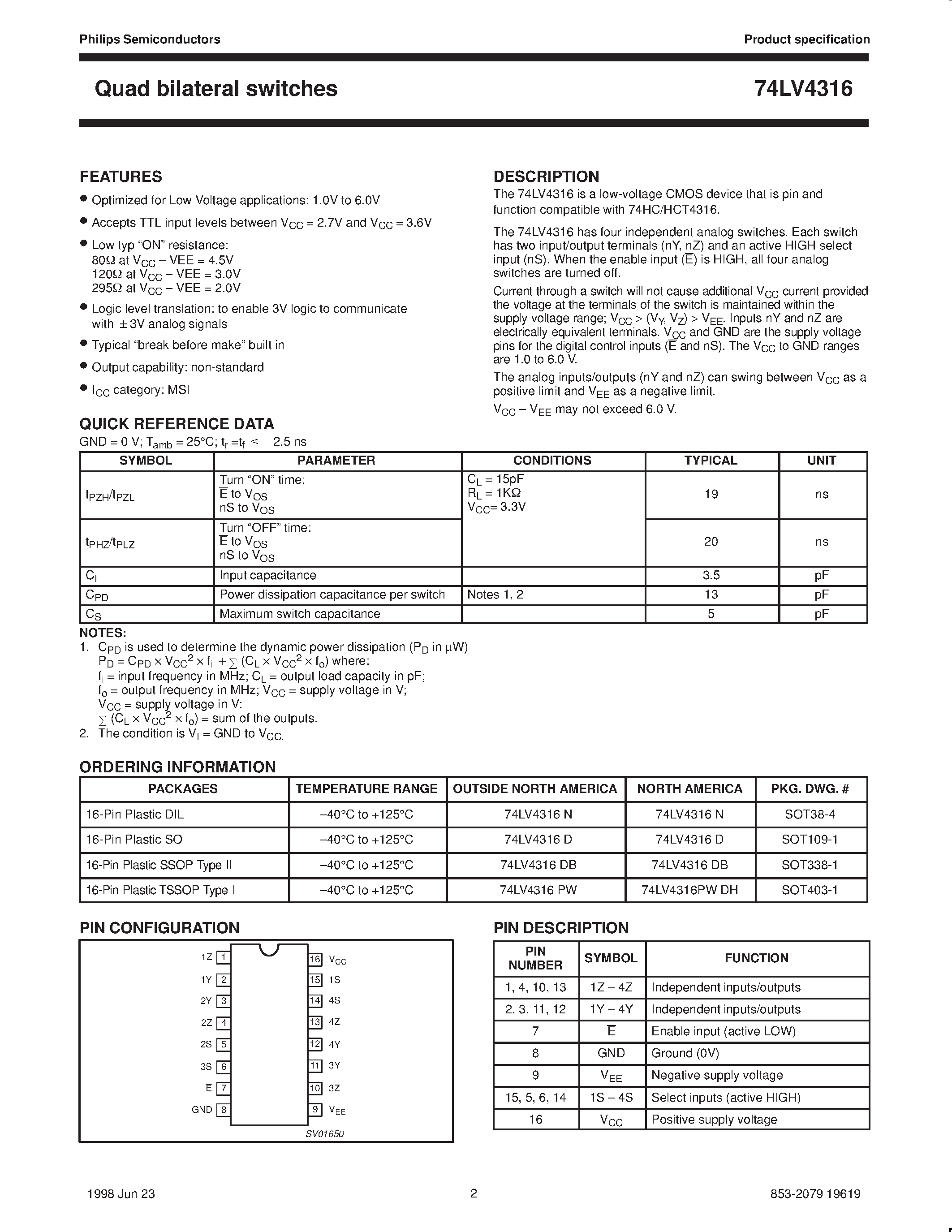 Datasheet 74LV4316 - Quad bilateral switches page 2