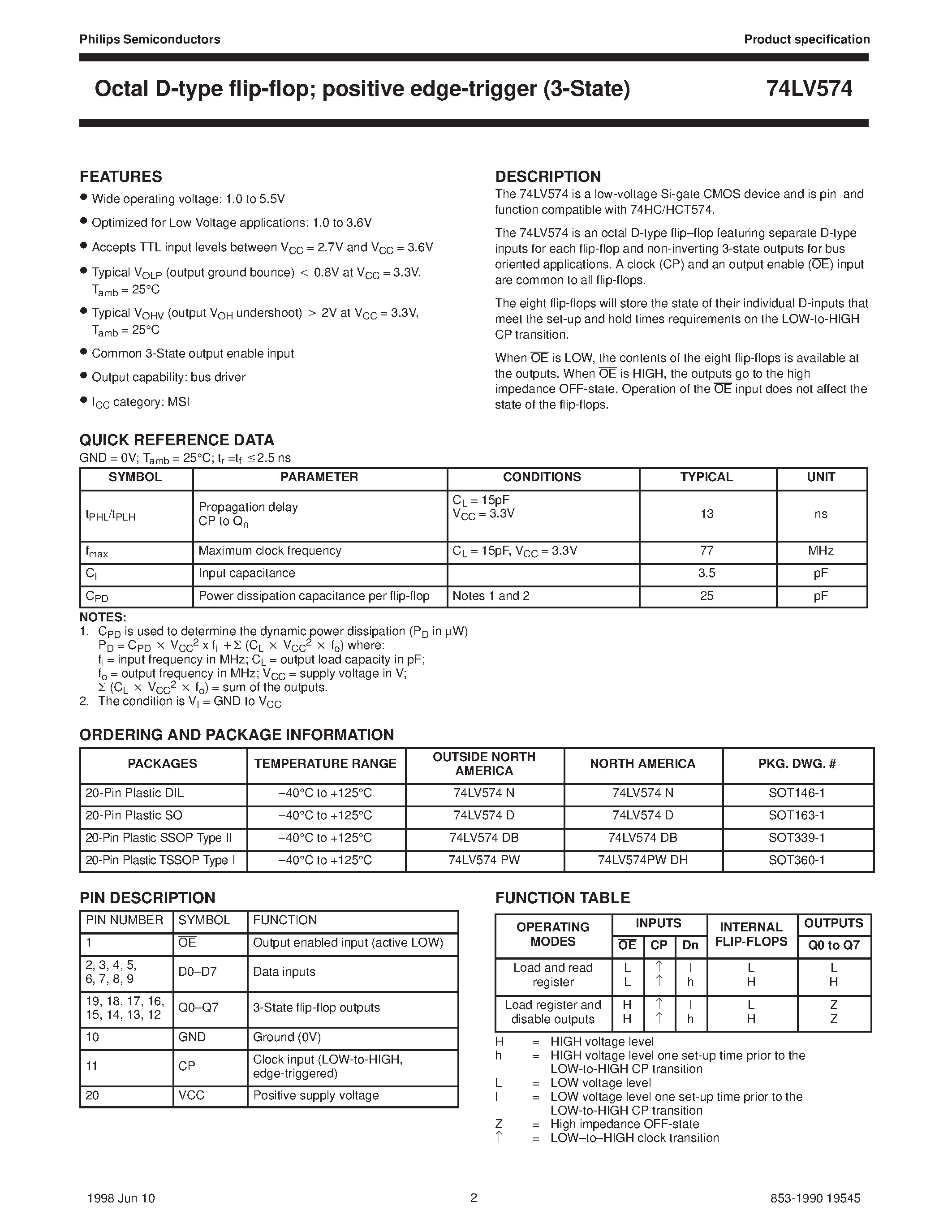 Datasheet 74LV574 page 2 Datasheet 74LV574 - Octal D-type flip-flop; positive edge-trigger 3-State page 2
