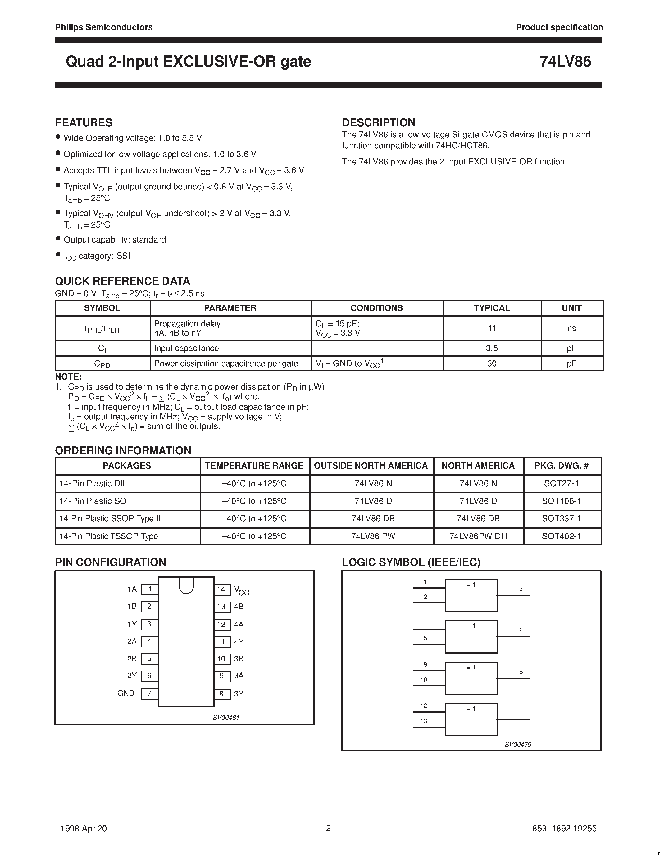 Даташит 74LV86 - Quad 2-input EXCLUSIVE-OR gate страница 2
