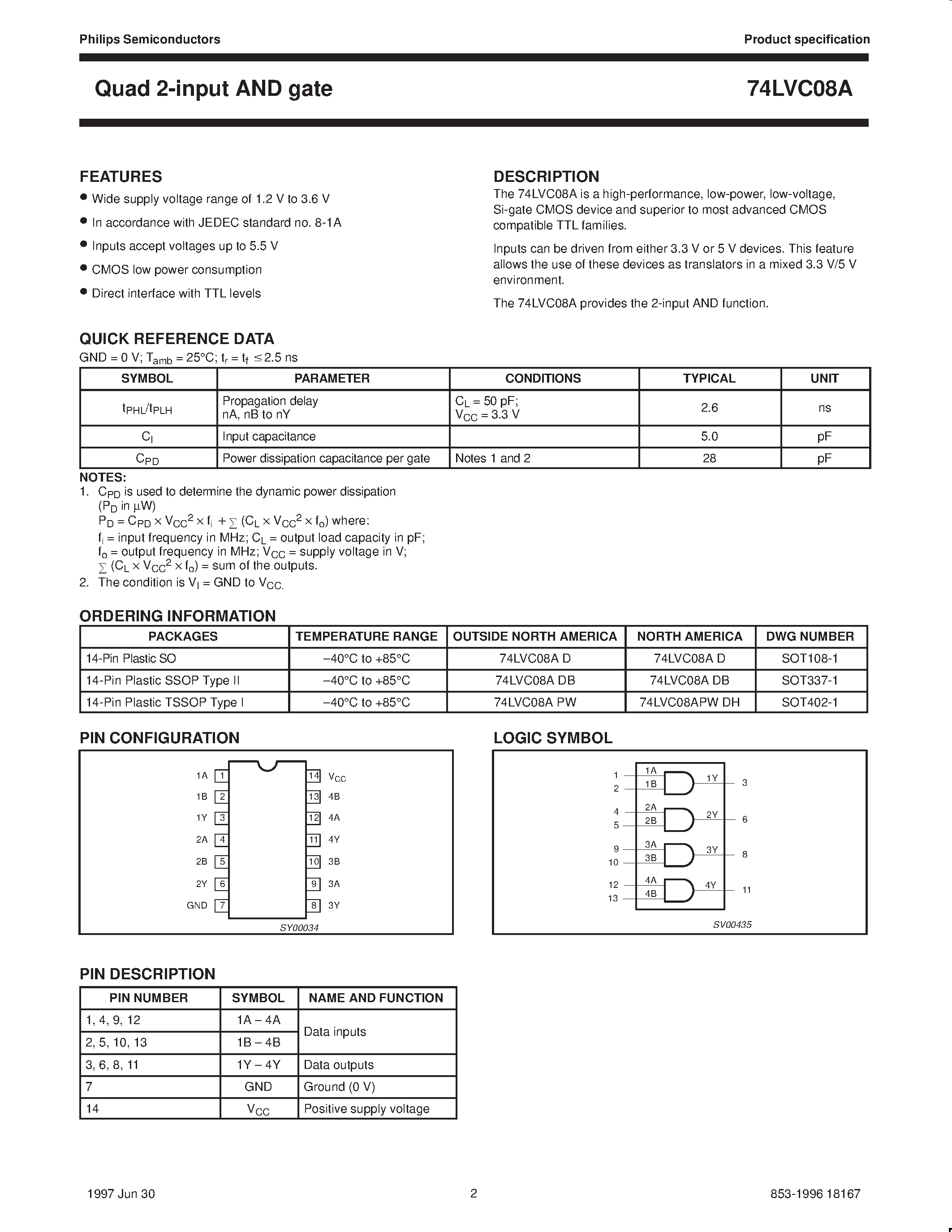 Datasheet 74LVC08A page 2 Datasheet 74LVC08A - Quad 2-input AND gate page 2