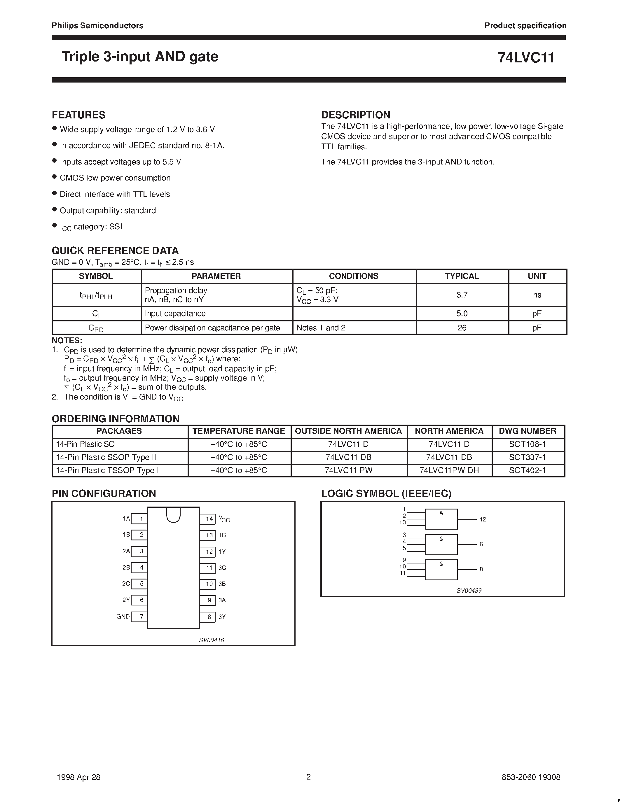 Даташит 74LVC11 - Triple 3-input AND gate страница 2