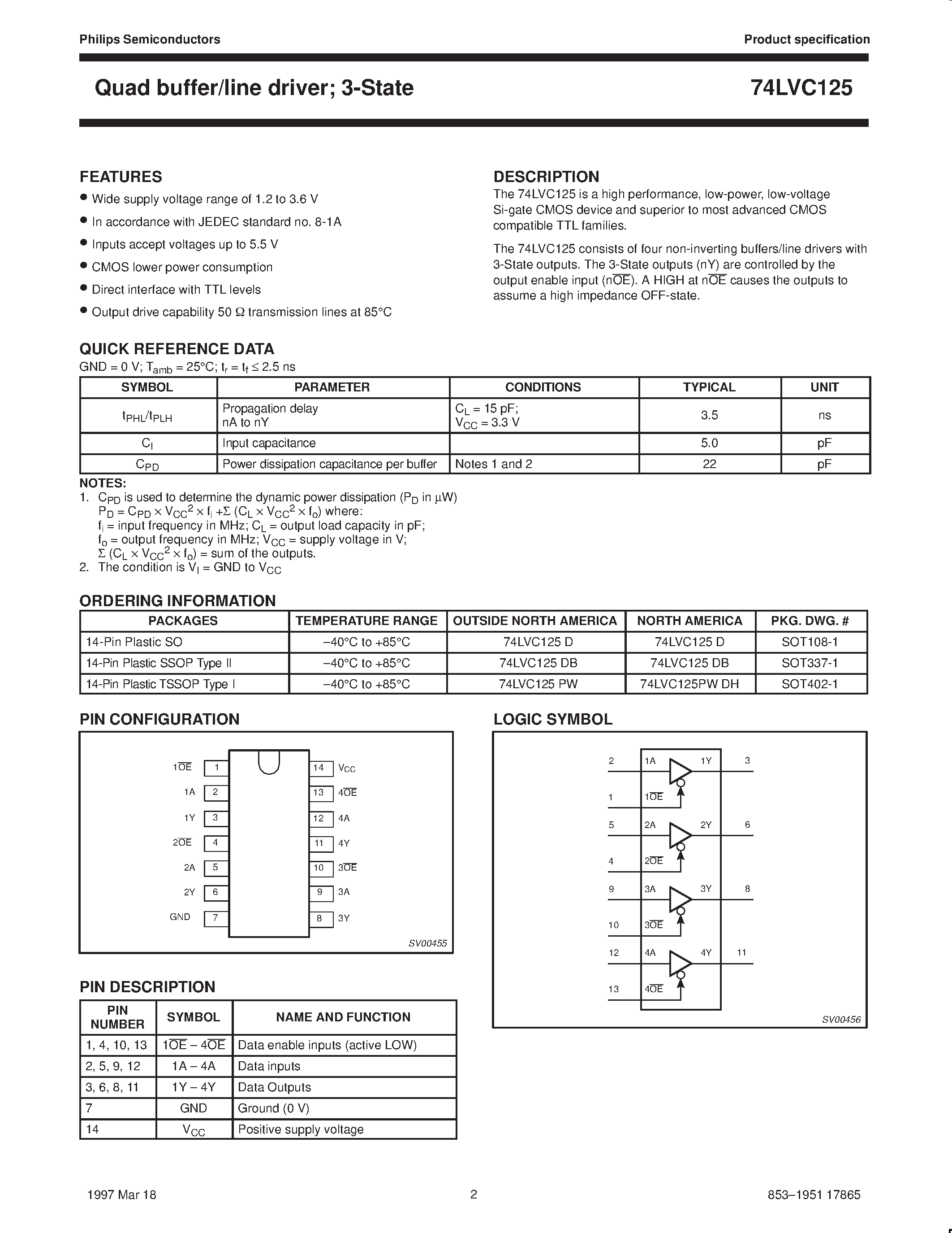 Даташит 74LVC125 - Quad buffer/line driver; 3-State страница 2