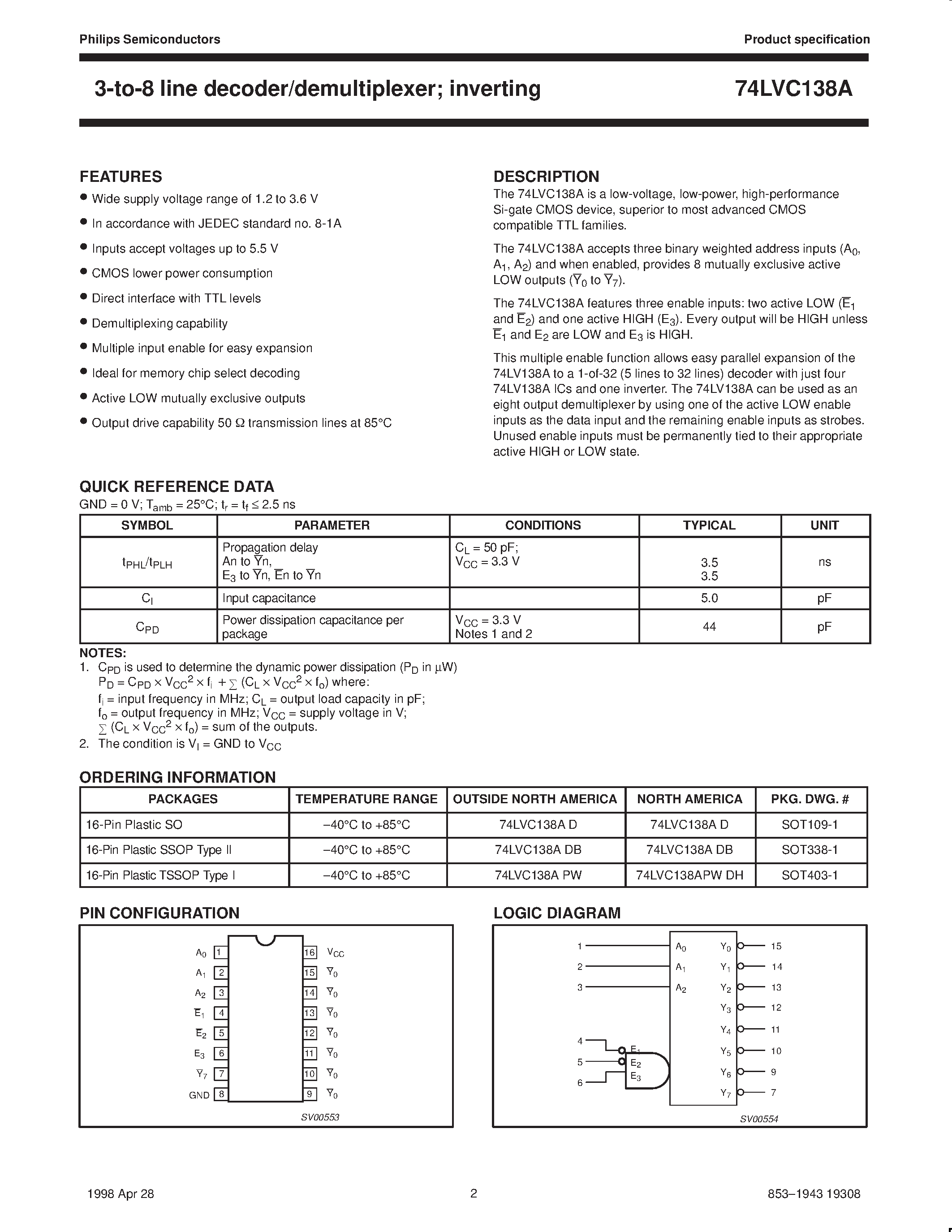 Даташит 74LVC138A - 3-to-8 line decoder/demultiplexer; inverting страница 2