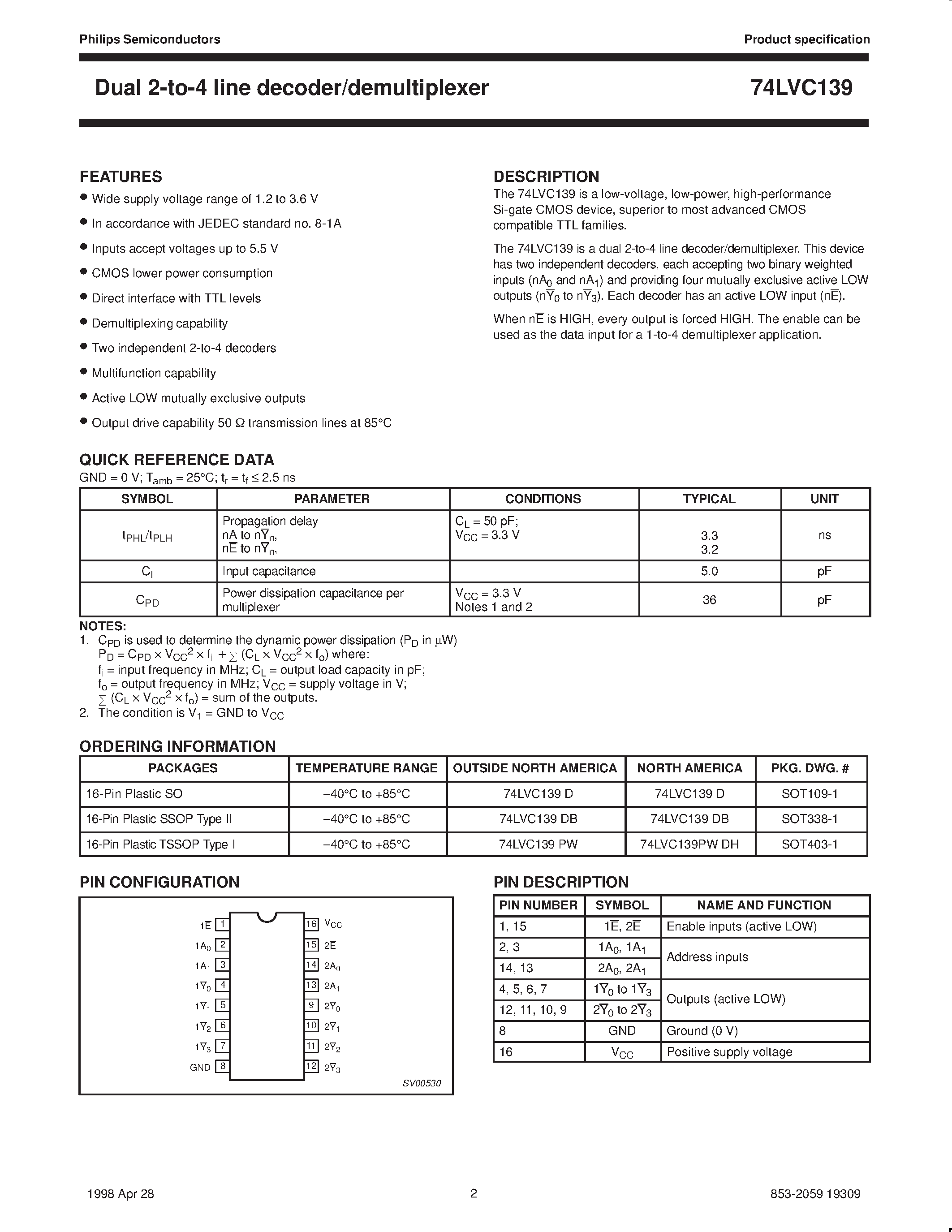 Даташит 74LVC139 - Dual 2-to-4 line decoder/demultiplexer страница 2