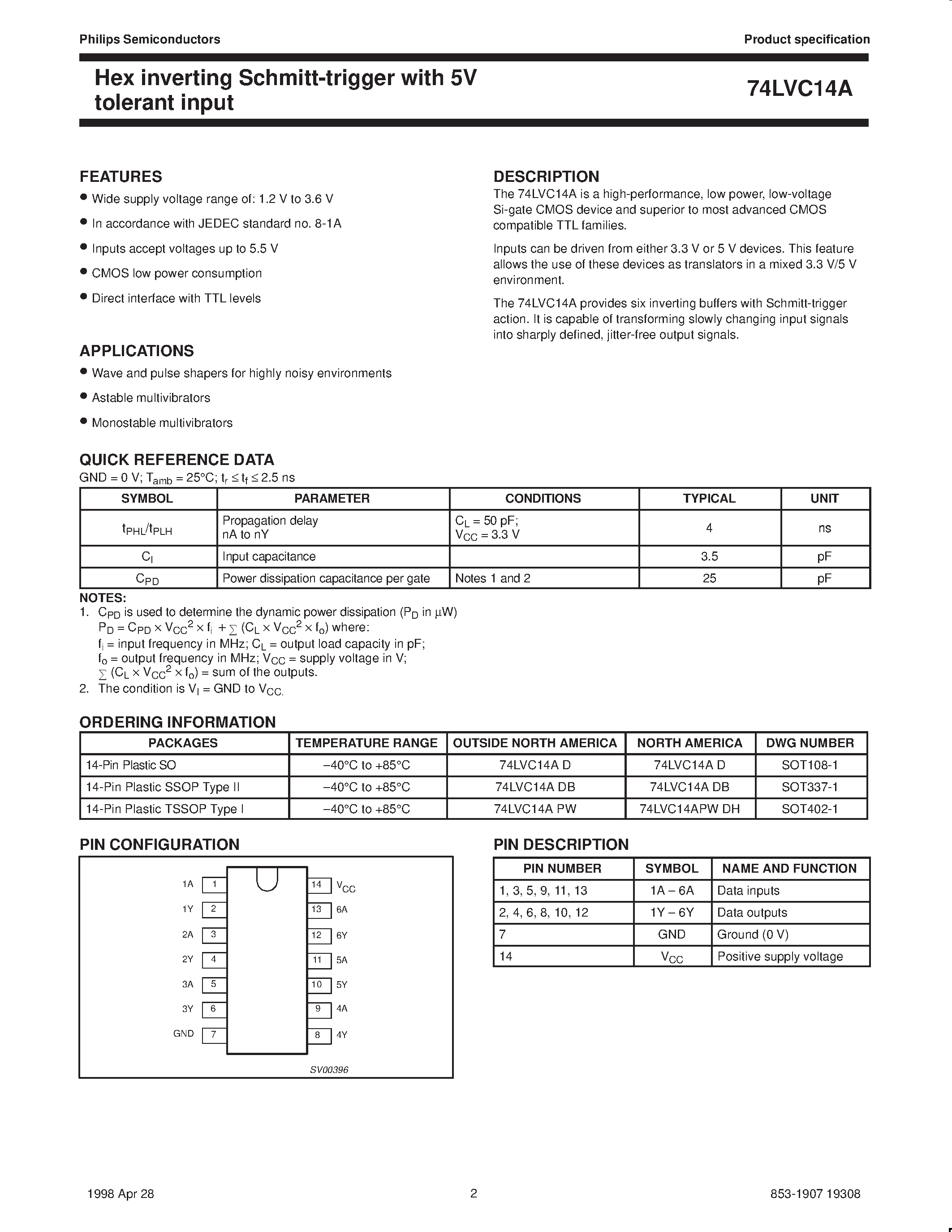 Даташит 74LVC14A - Hex inverting Schmitt-trigger with 5V tolerant input страница 2