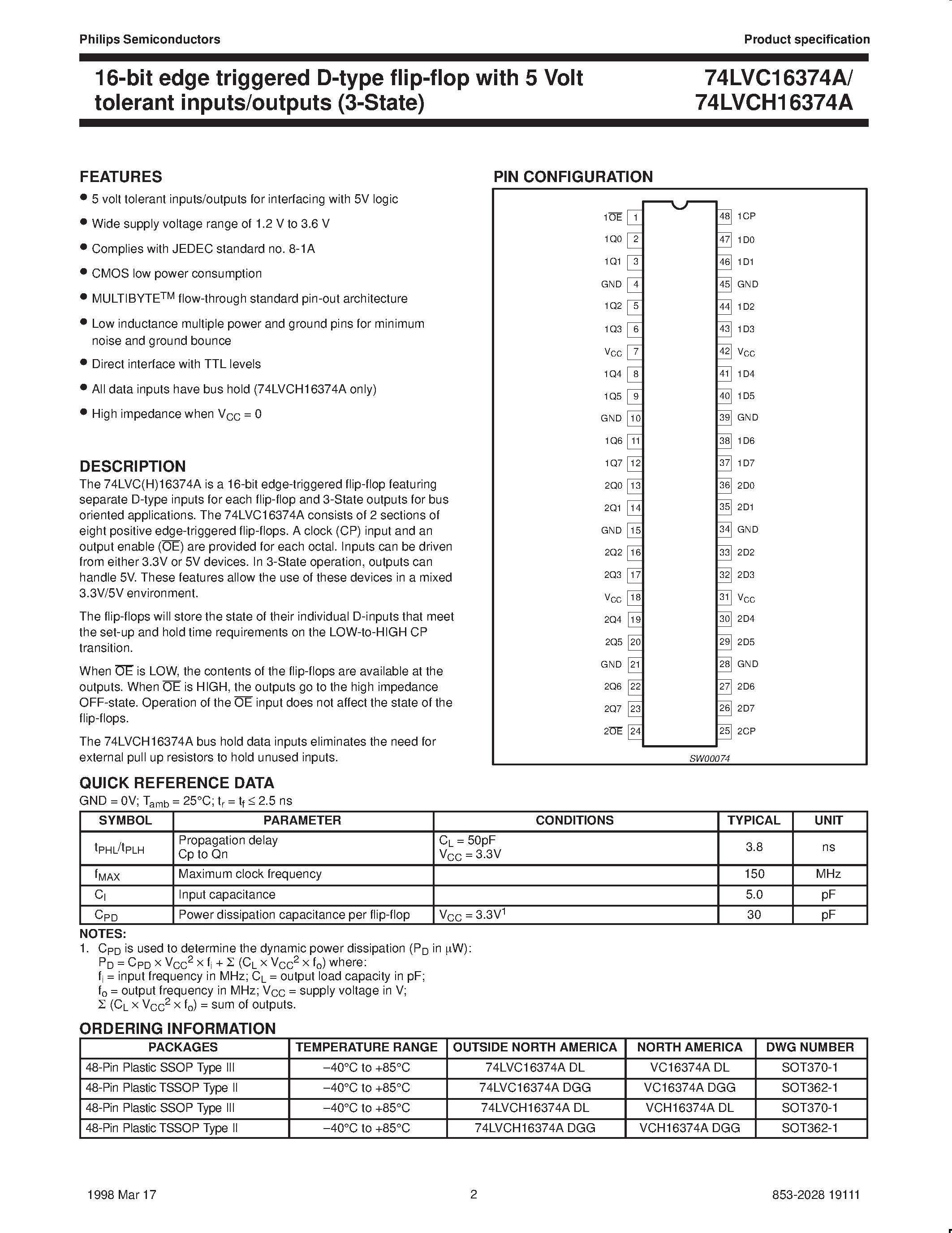 Datasheet 74LVC16374A - 16-bit edge triggered D-type flip-flop with 5 Volt tolerant inputs/outputs 3-State page 2