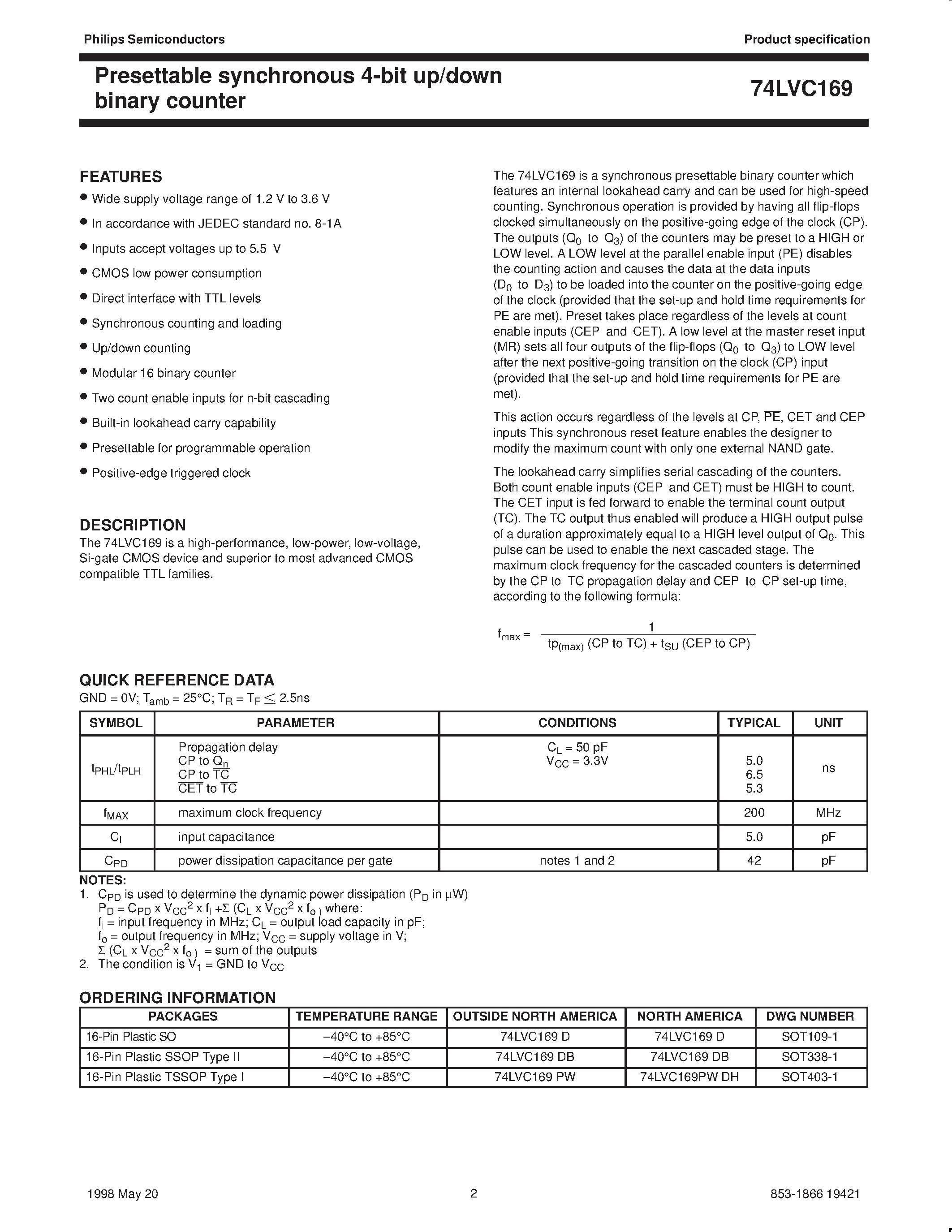 Даташит 74LVC169 - Presettable synchronous 4-bit up/down binary counter страница 2