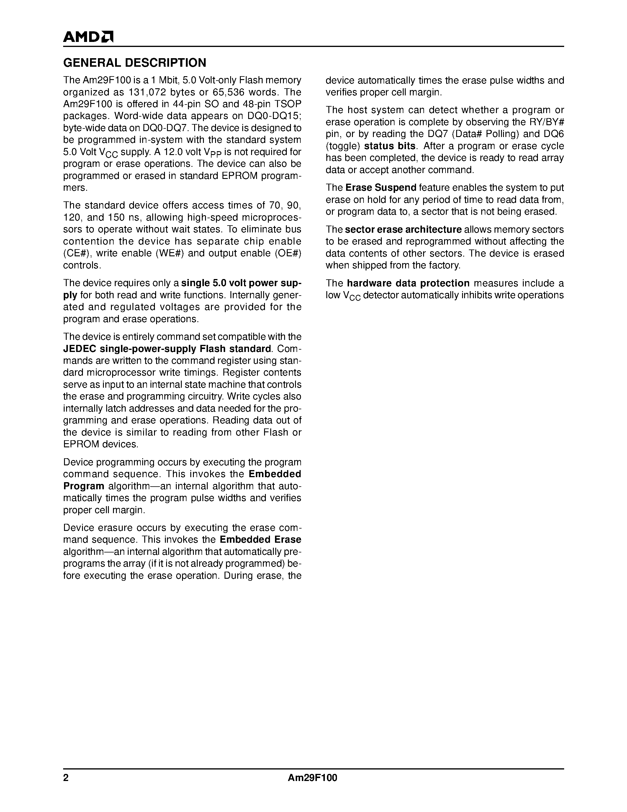 Datasheet Am29F100B-150FCB - 1 Megabit (128 K x 8-bit/64 K x 16-bit) CMOS 5.0 Volt-only/ Boot Sector Flash Memory page 2