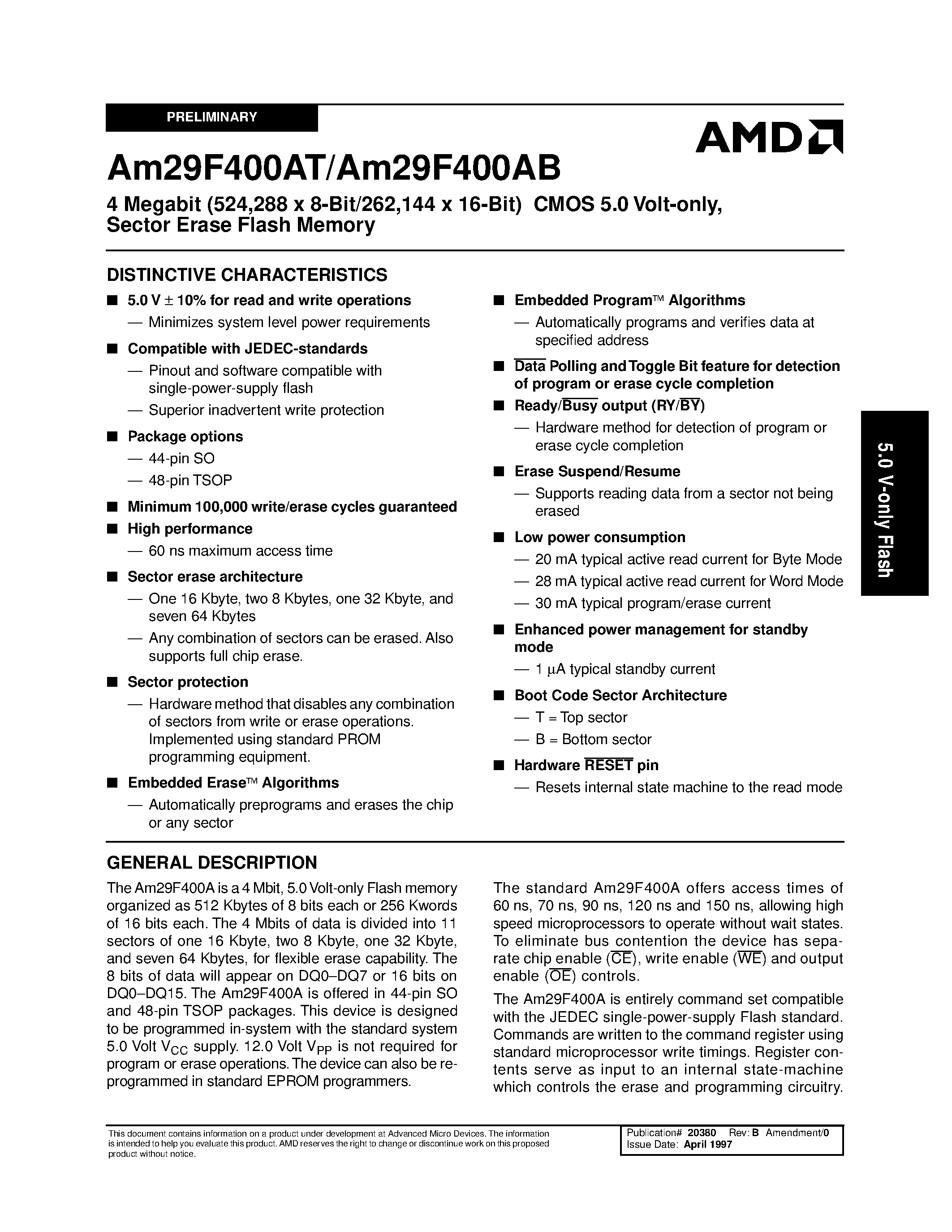 Datasheet Am29F400AB - 4 Megabit (524/288 x 8-Bit/262/144 x 16-Bit) CMOS 5.0 Volt-only/ Sector Erase Flash Memory page 1