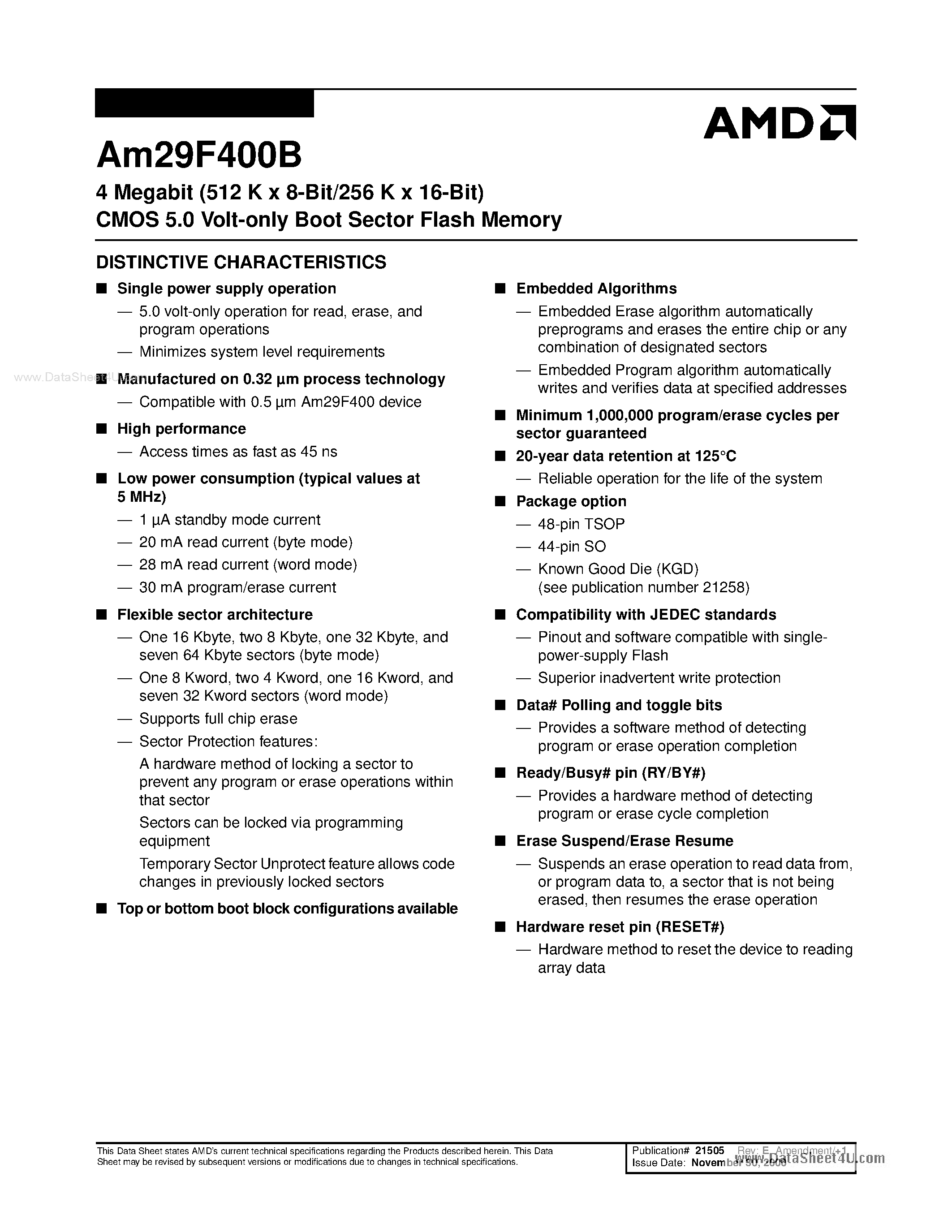 Даташит на микросхему AM29F400B страница 2 Даташит AM29F400B - 4 Megabit (512 K x 8-Bit/256 K x 16-Bit) CMOS 5.0 Volt-only Boot Sector Flash Memory страница 2