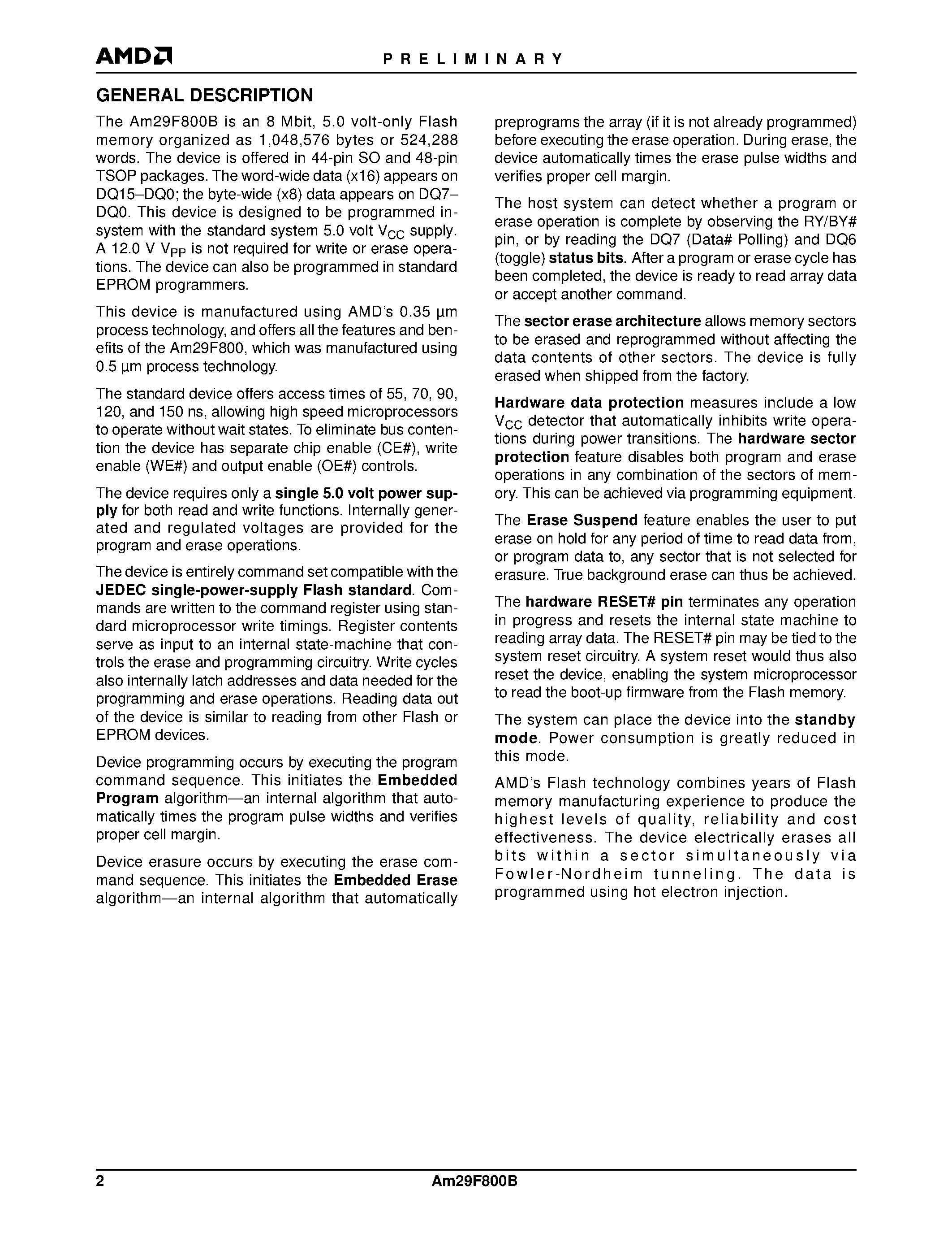 Даташит AM29F800B - 8 Megabit (1 M x 8-Bit/512 K x 16-Bit) CMOS 5.0 Volt-only/ Boot Sector Flash Memory страница 2