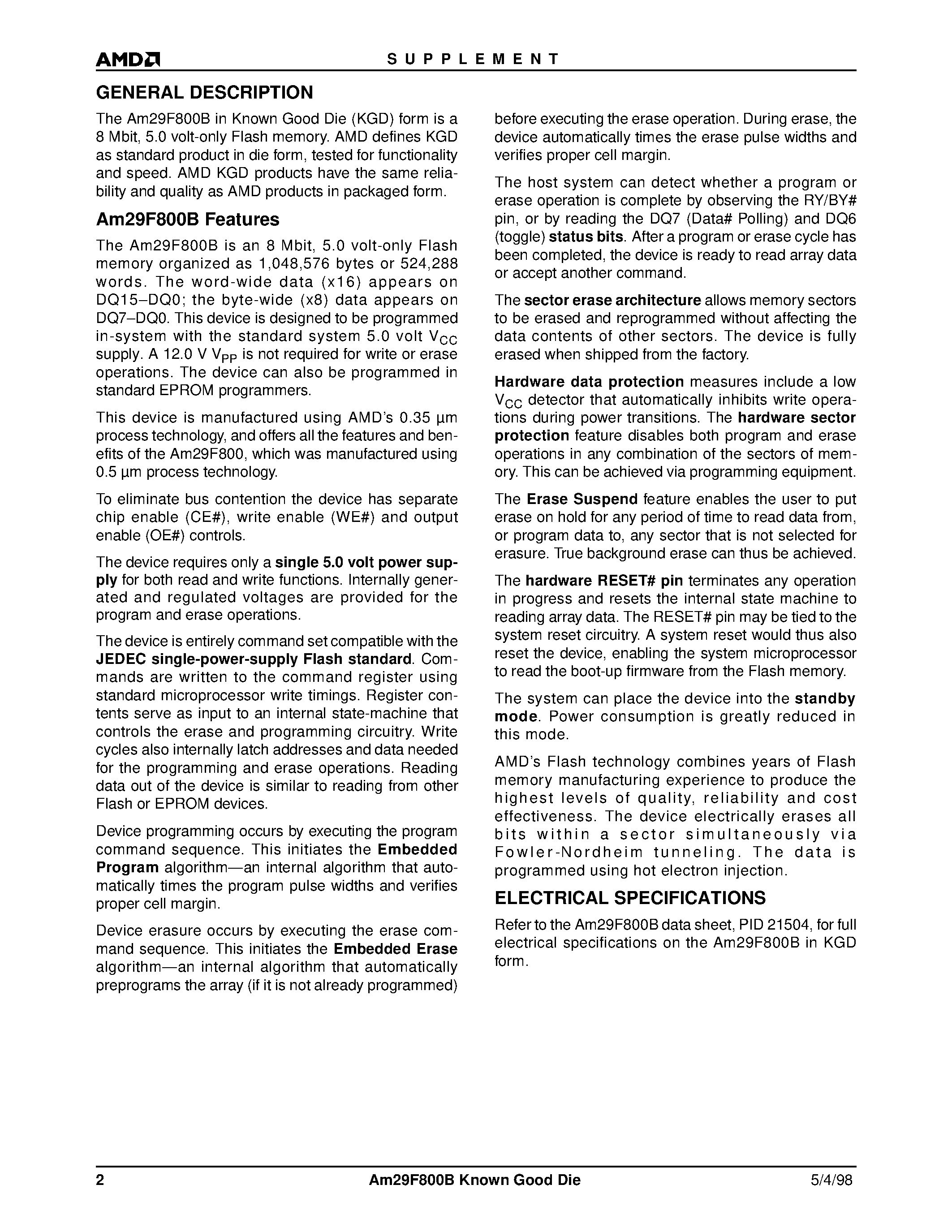 Даташит AM29F800B-1 - 8 Megabit (1 M x 8-Bit/512 K x 16-Bit) CMOS 5.0 Volt-only/ Boot Sector Flash Memory-Die Revision 1 страница 2