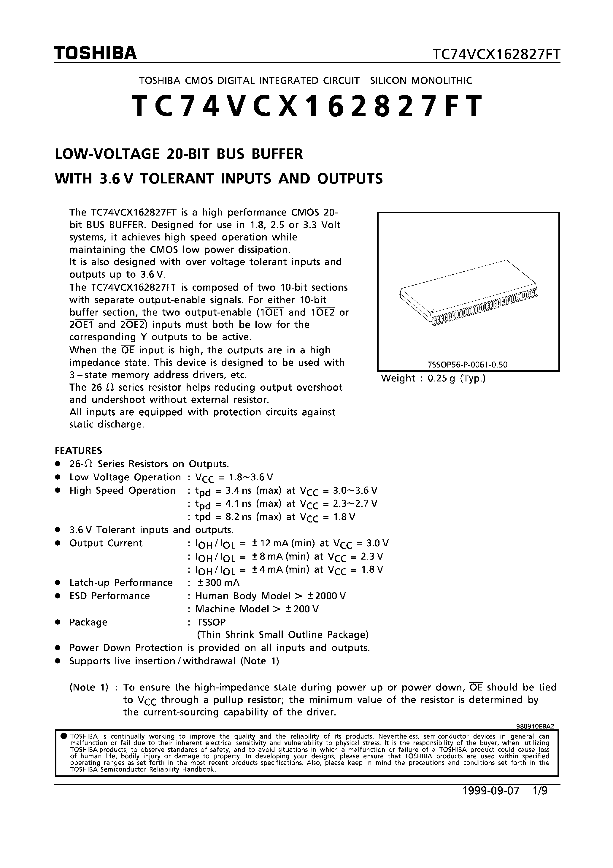 Datasheet TC74VCX162827FT - LOW VOLTAGE 20-BIT BUS BUFFER WITH 3.6V TOLERANT INPUTS AND OUTPUTS page 1