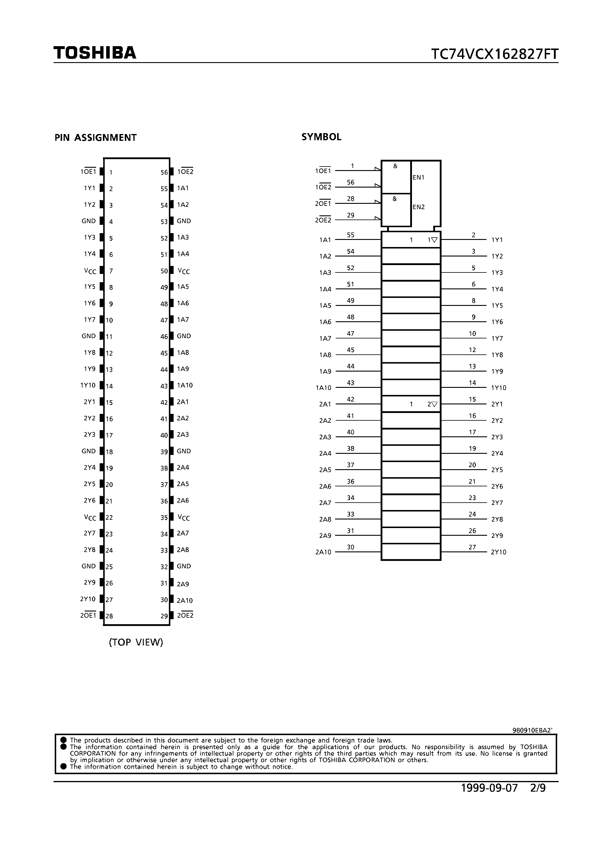 Datasheet TC74VCX162827FT - LOW VOLTAGE 20-BIT BUS BUFFER WITH 3.6V TOLERANT INPUTS AND OUTPUTS page 2
