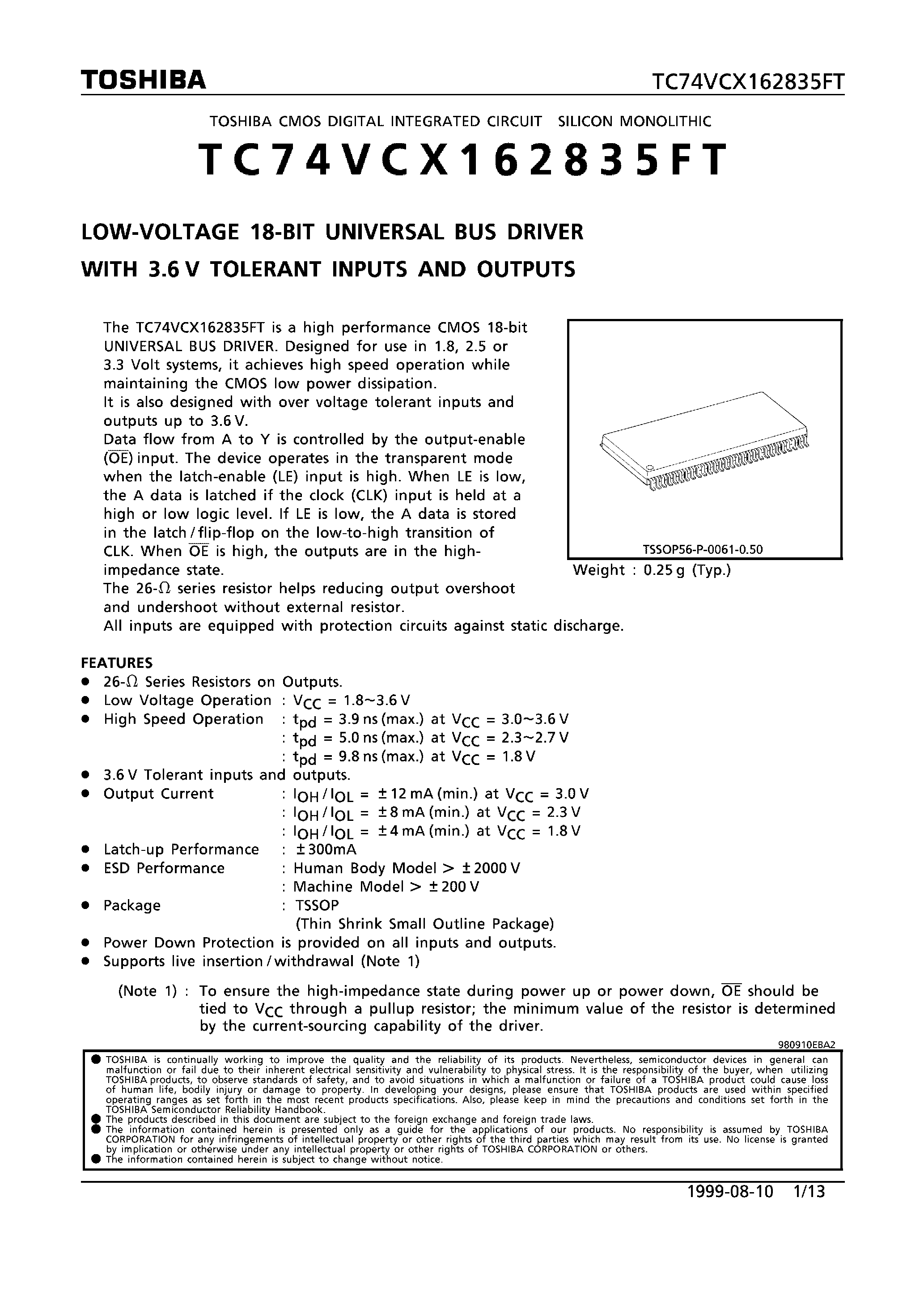 Datasheet TC74VCX162835FT - LOW VOLTAGE 18-BIT UNIVERSAL BUS DRIVER WITH 3.6V TOLERANT INPUTS AND OUTPUTS page 1