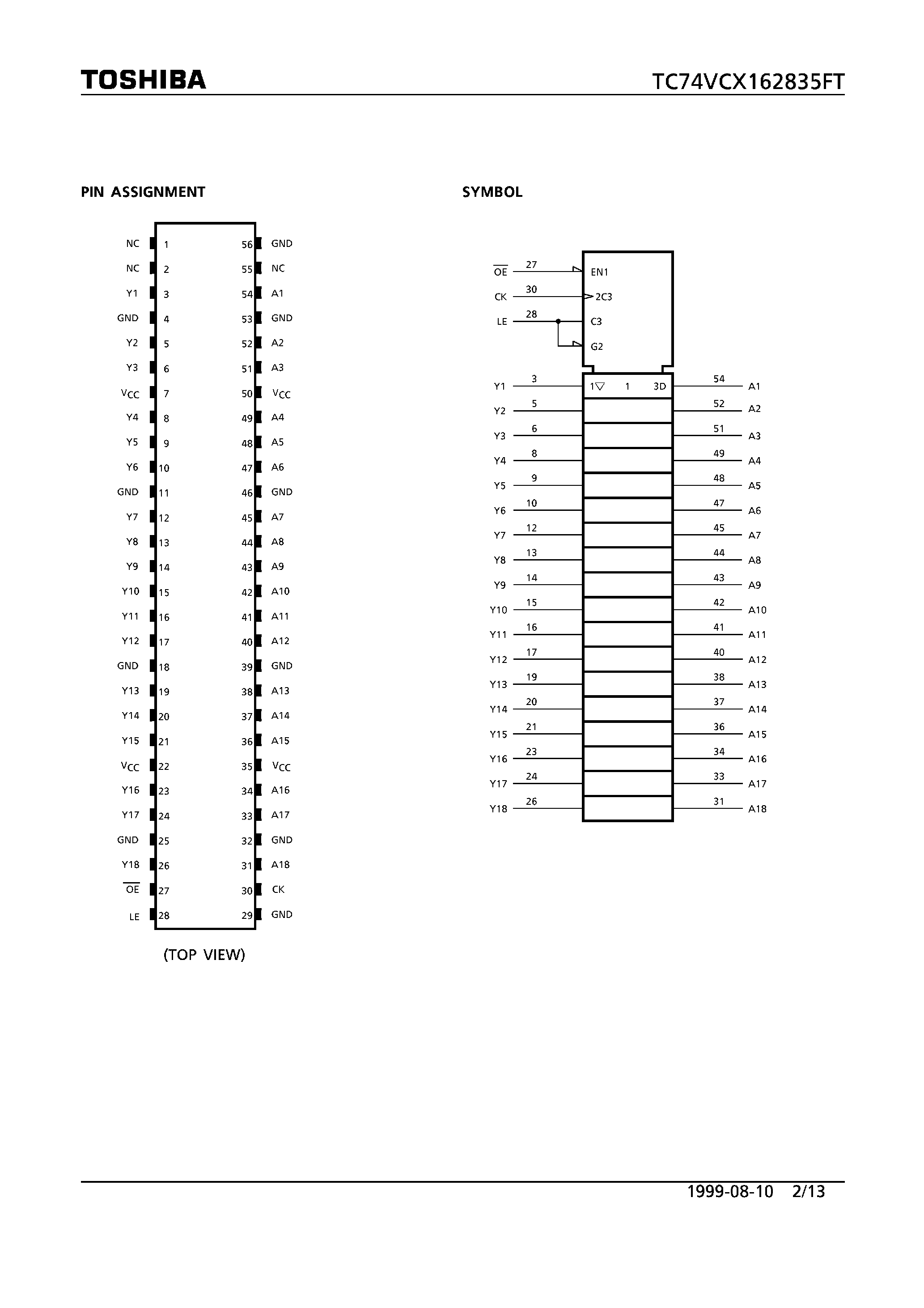 Datasheet TC74VCX162835FT - LOW VOLTAGE 18-BIT UNIVERSAL BUS DRIVER WITH 3.6V TOLERANT INPUTS AND OUTPUTS page 2