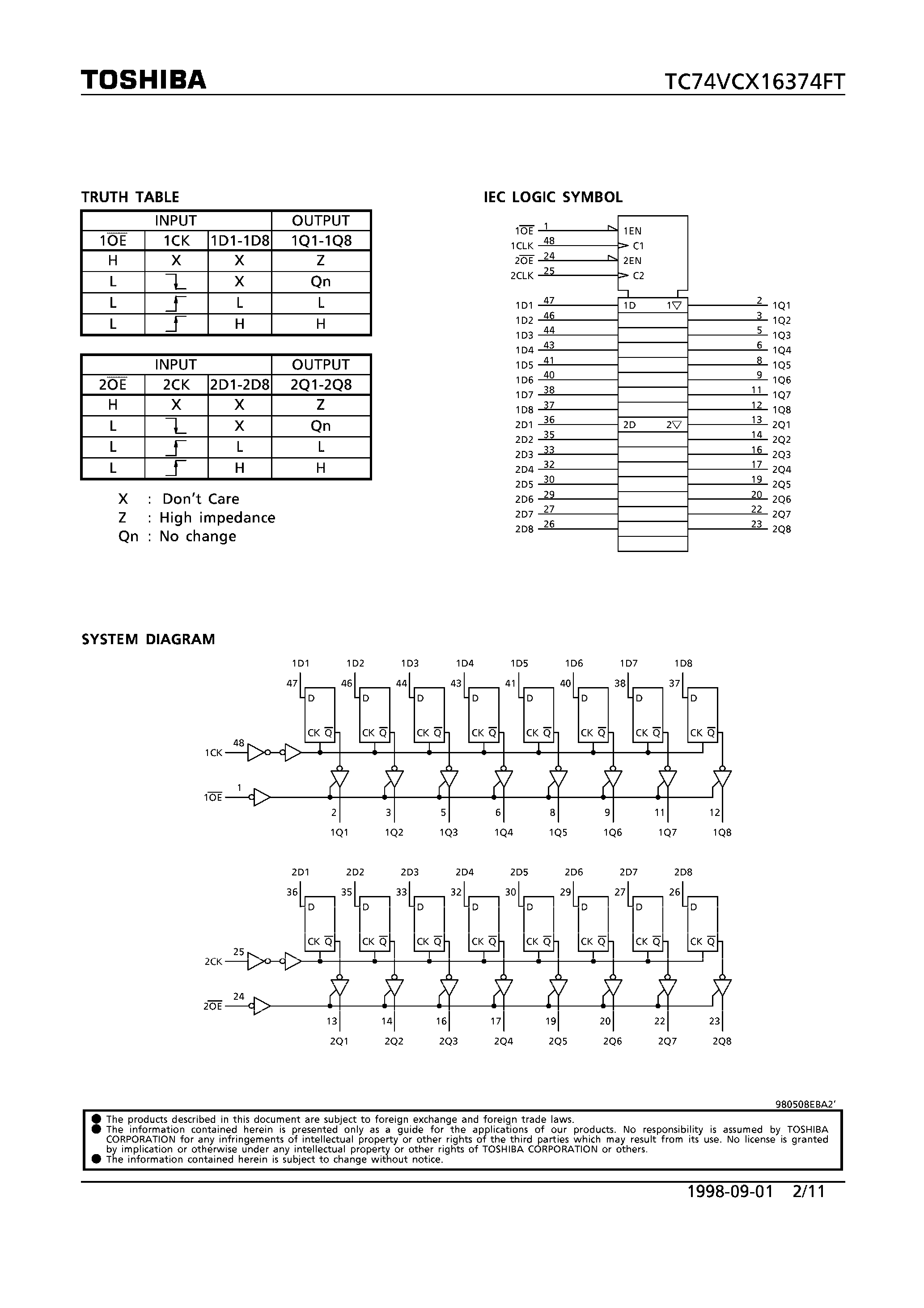 Даташит на микросхему TC74VCX16374FT страница 2 Даташит TC74VCX16374FT - LOW VOLTAGE 16-BIT D-TYPE FLIP-FLOP WITH 3.6V TOLERANT INPUTS AND OUTPUTS страница 2