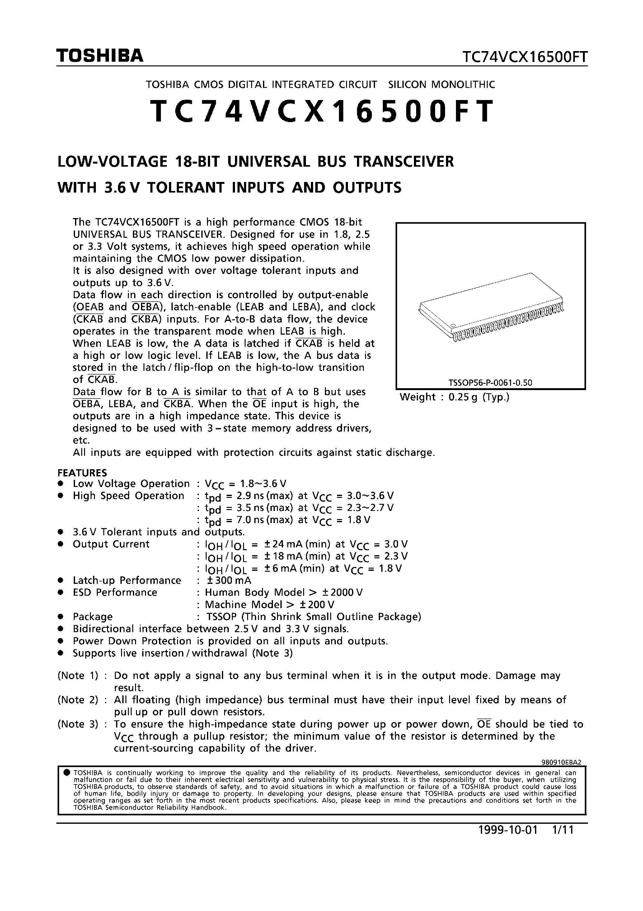 Datasheet TC74VCX16500FT - LOW VOLTAGE 18-BIT UNIVERSAL BUS TRANSCEIVER WITH 3.6V TOLERANT INPUTS AND OUTPUTS page 1