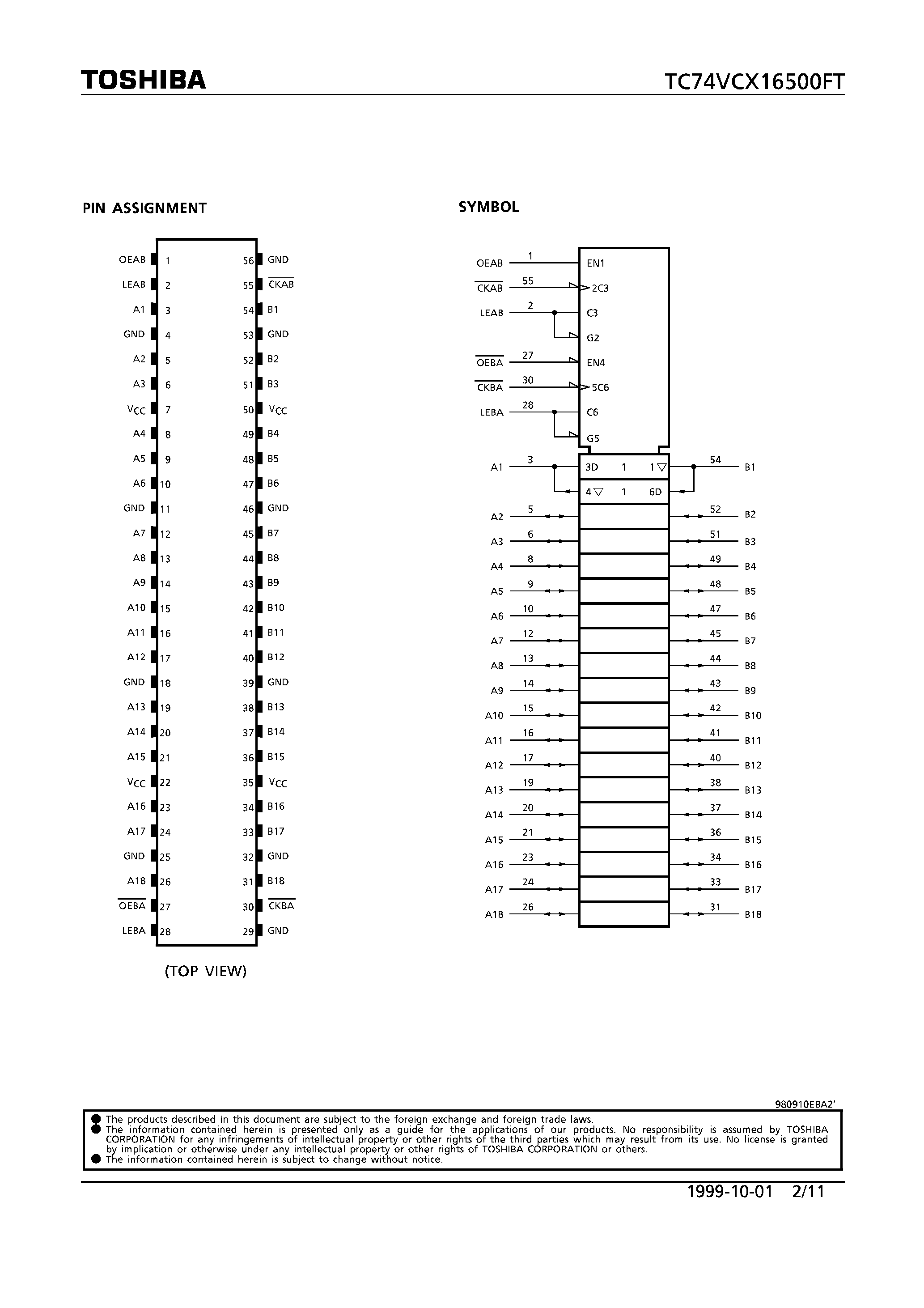 Datasheet TC74VCX16500FT - LOW VOLTAGE 18-BIT UNIVERSAL BUS TRANSCEIVER WITH 3.6V TOLERANT INPUTS AND OUTPUTS page 2
