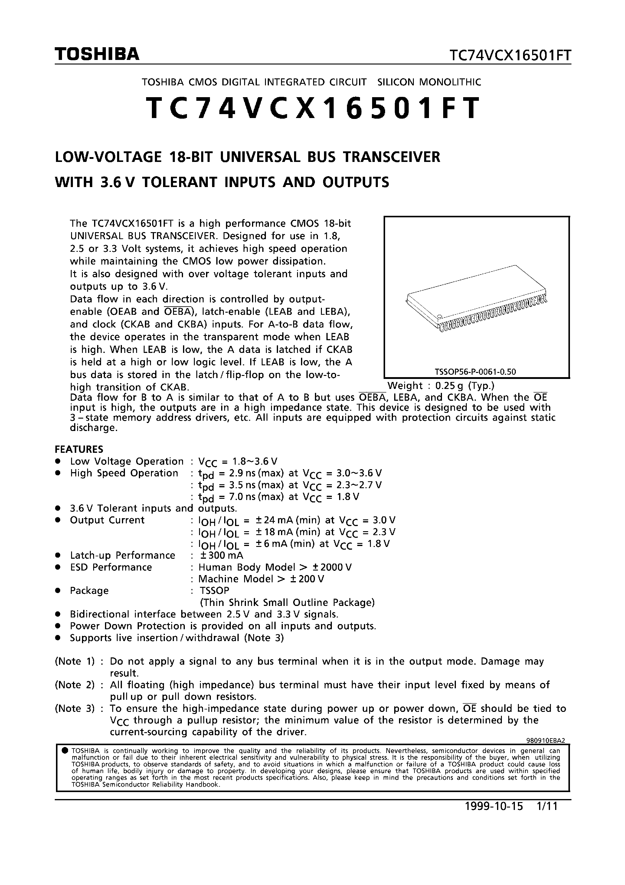 Datasheet TC74VCX16501FT - LOW VOLTAGE 18-BIT UNIVERSAL BUS TRANSCEIVER WITH 3.6V TOLERANT INPUTS AND OUTPUTS page 1