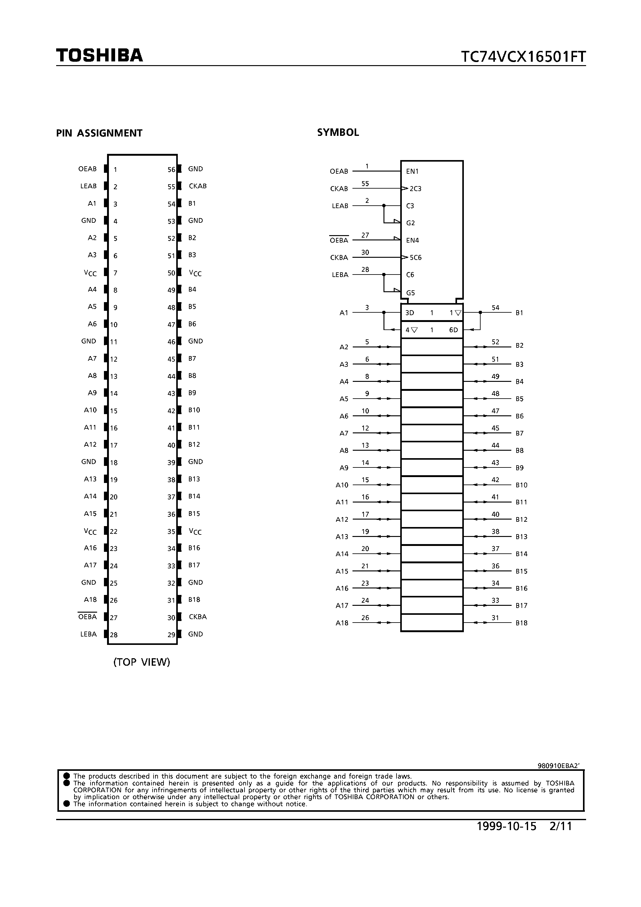 Datasheet TC74VCX16501FT - LOW VOLTAGE 18-BIT UNIVERSAL BUS TRANSCEIVER WITH 3.6V TOLERANT INPUTS AND OUTPUTS page 2
