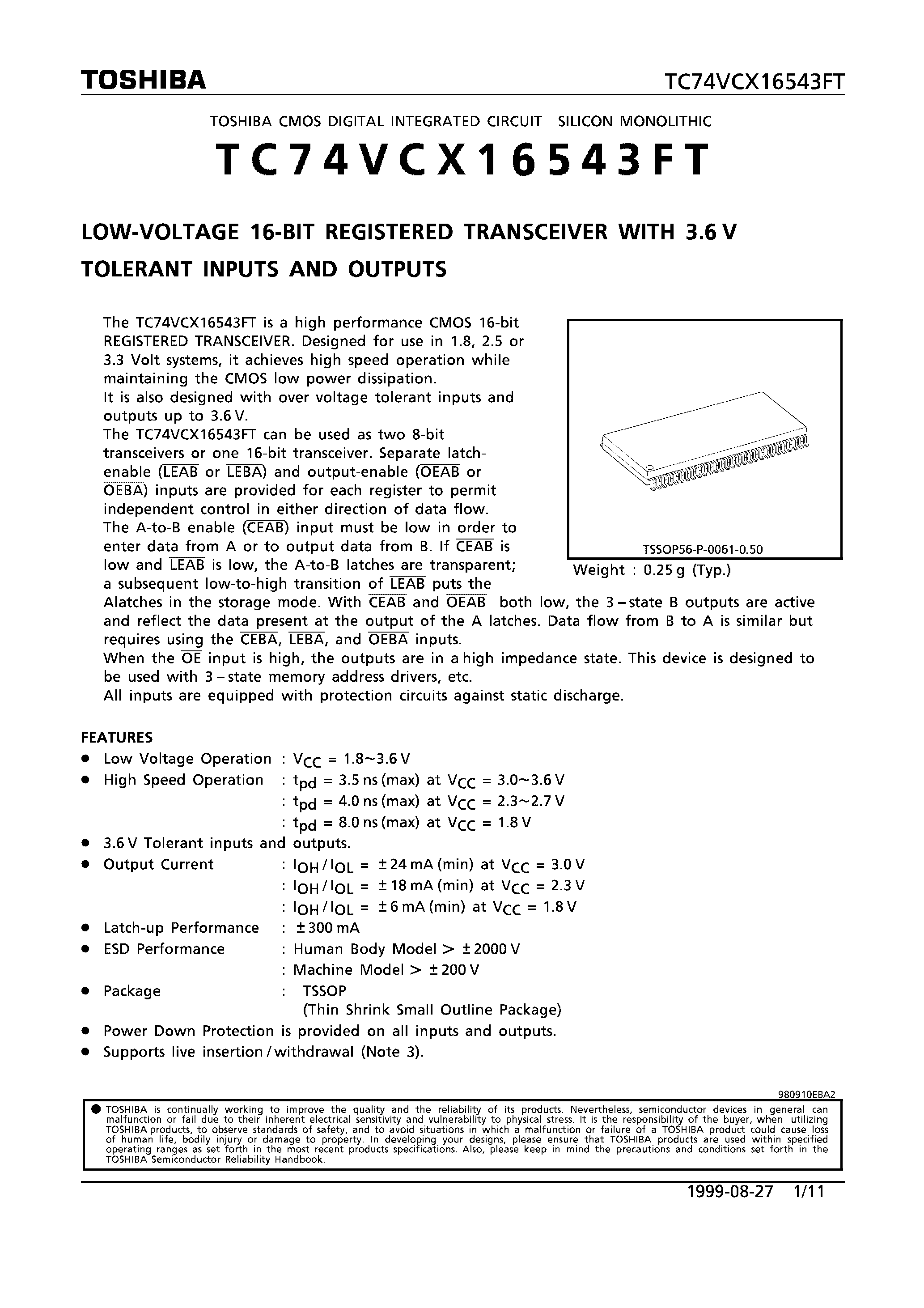 Datasheet TC74VCX16543FT - LOW VOLTAGE 16-BIT REGISTERED TRANSCEIVER WITH 3.6V TOLERANT INPUTS AND OUTPUTS page 1