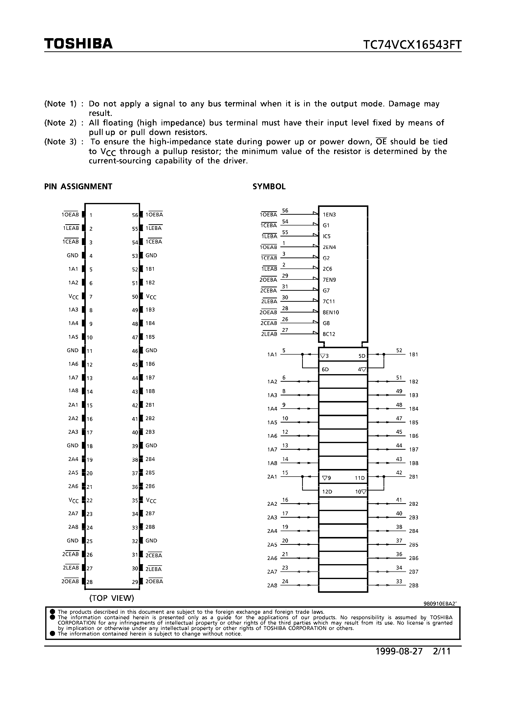 Datasheet TC74VCX16543FT - LOW VOLTAGE 16-BIT REGISTERED TRANSCEIVER WITH 3.6V TOLERANT INPUTS AND OUTPUTS page 2