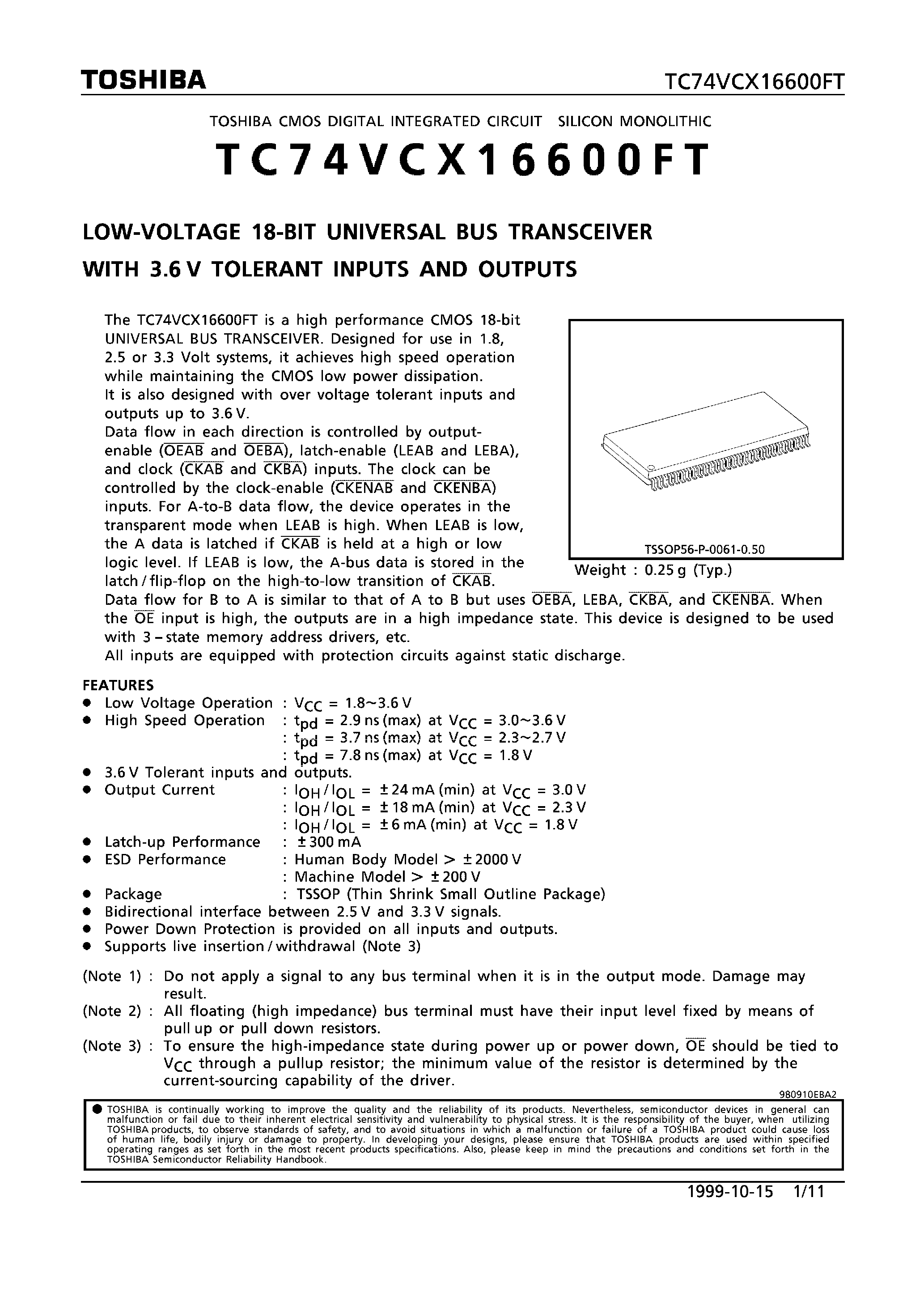 Datasheet TC74VCX16600FT - LOW VOLTAGE 18-BIT UNIVERSAL BUS TRANSCEIVER WITH 3.6V TOLERANT INPUTS AND OUTPUTS page 1
