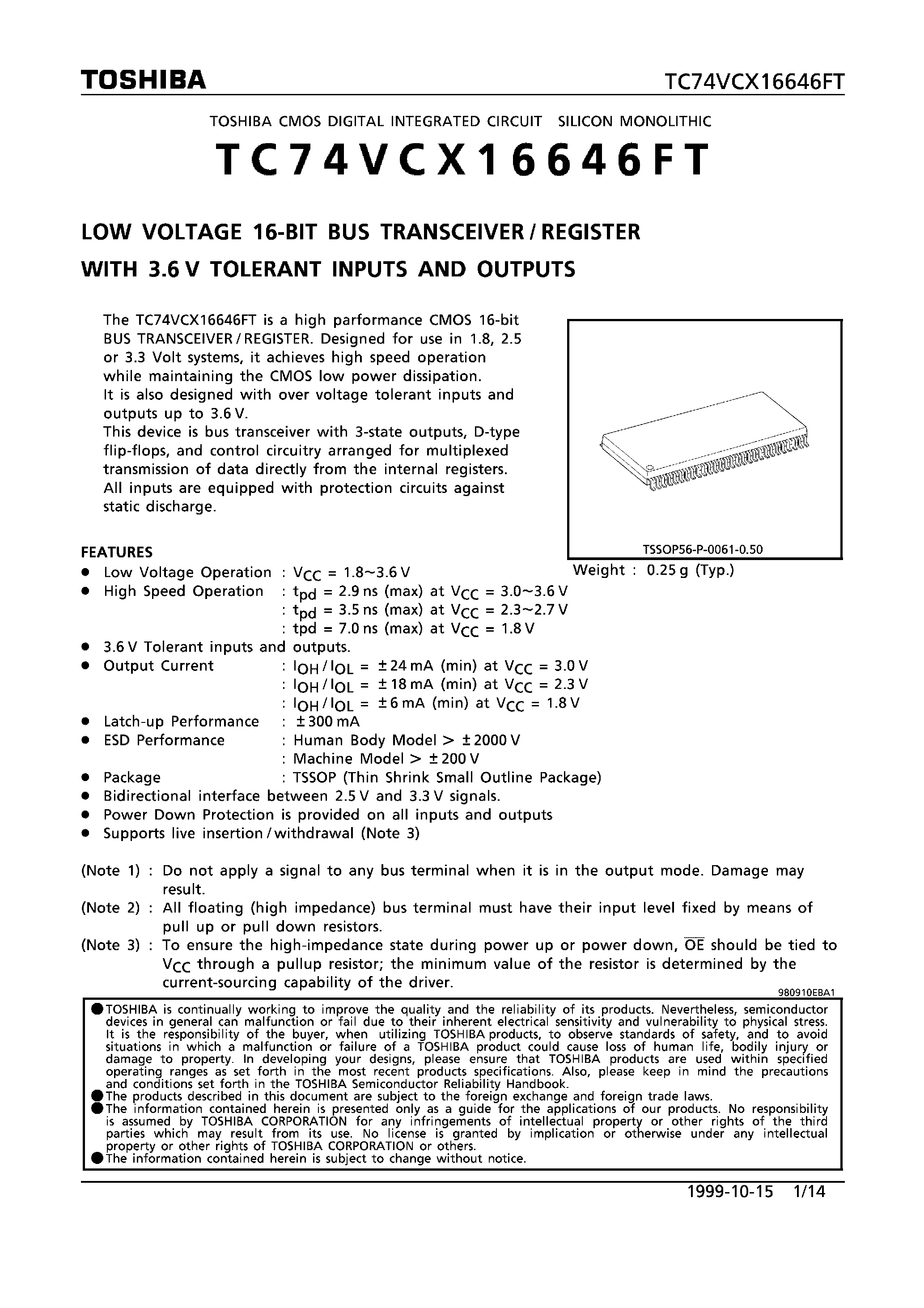 Datasheet TC74VCX16646FT - LOW VOLTAGE 16-BIT BUS TRANSCEIVER/REGISTER WITH 3.6V TOLERANT INPUTS AND OUTPUTS page 1