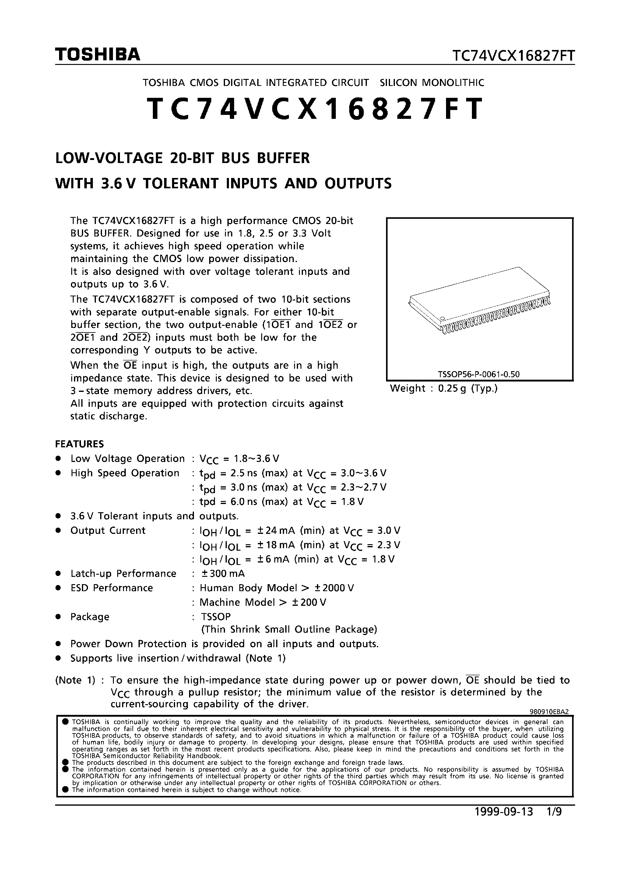 Datasheet TC74VCX16827FT - LOW VOLTAGE 20-BIT BUS BUFFER WITH 3.6V TOLERANT INPUTS AND OUTPUTS page 1