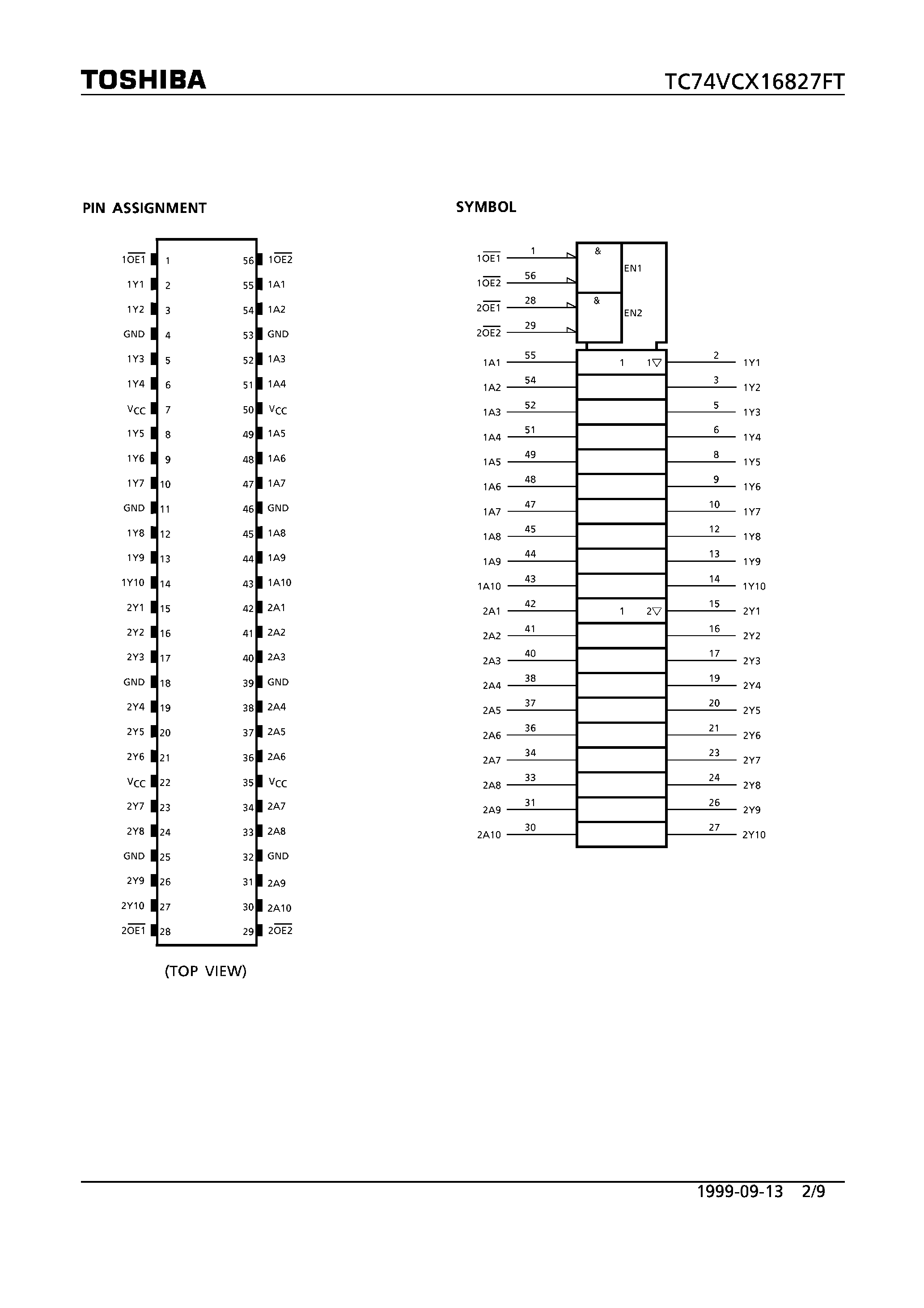 Datasheet TC74VCX16827FT - LOW VOLTAGE 20-BIT BUS BUFFER WITH 3.6V TOLERANT INPUTS AND OUTPUTS page 2