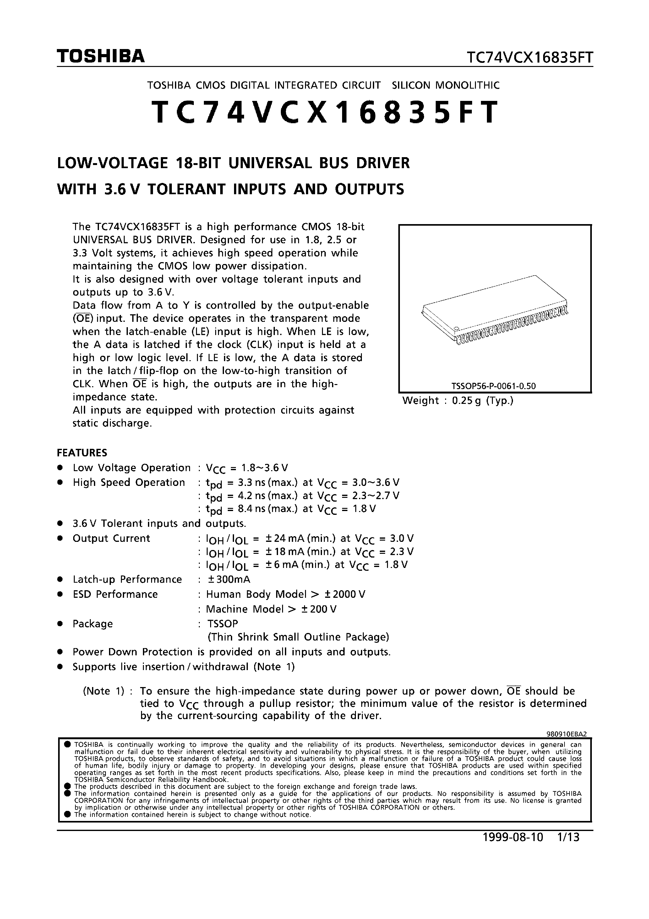 Datasheet TC74VCX16835FT - LOW VOLTAGE 18-BIT UNIVERSAL BUS DRIVER WITH 3.6V TOLERANT INPUTS AND OUTPUTS page 1