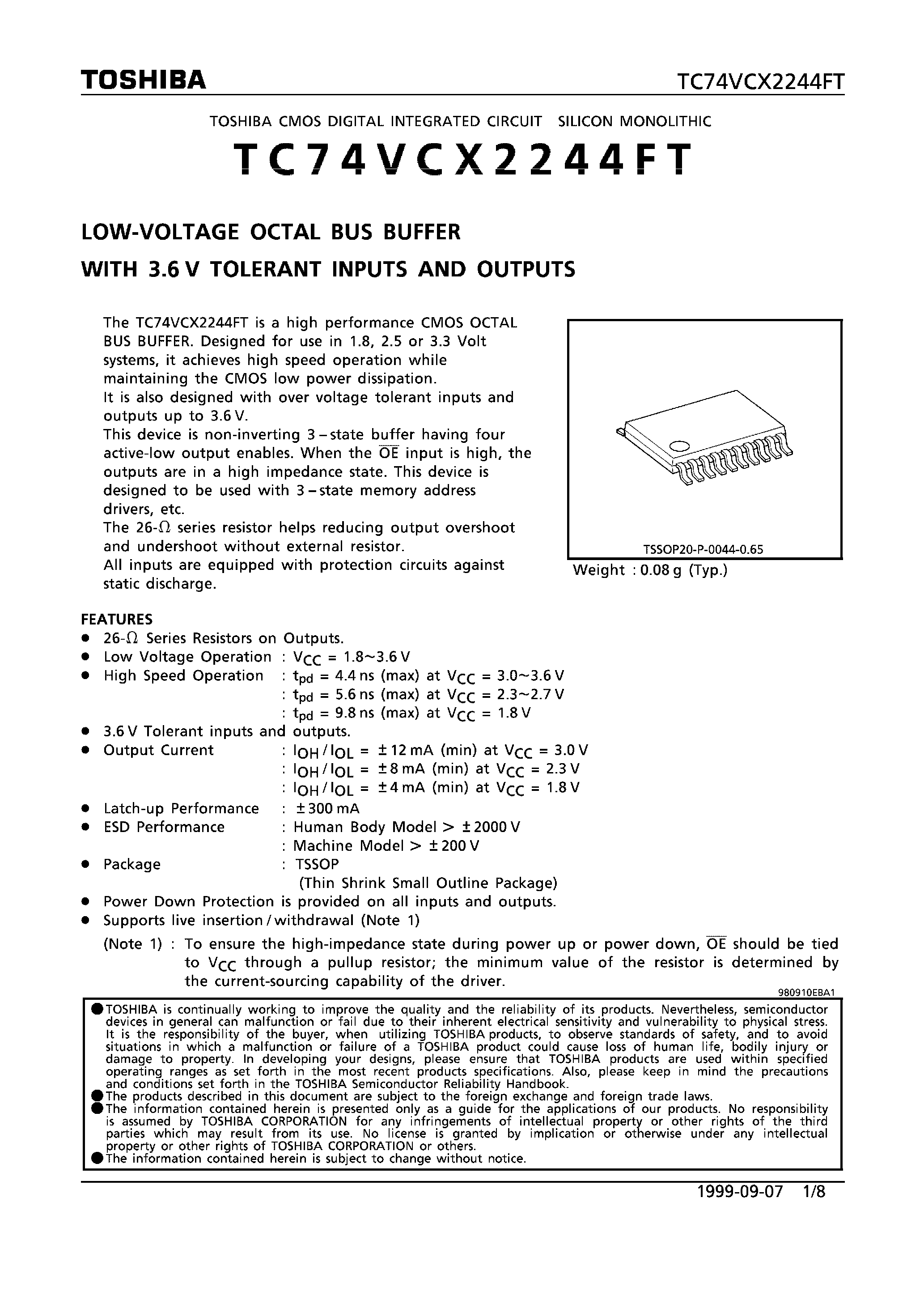Datasheet TC74VCX2244FT - LOW VOLTAGE OCTAL BUS BUFFER WITH 3.6V TOLERANT INPUTS AND OUTPUTS page 1