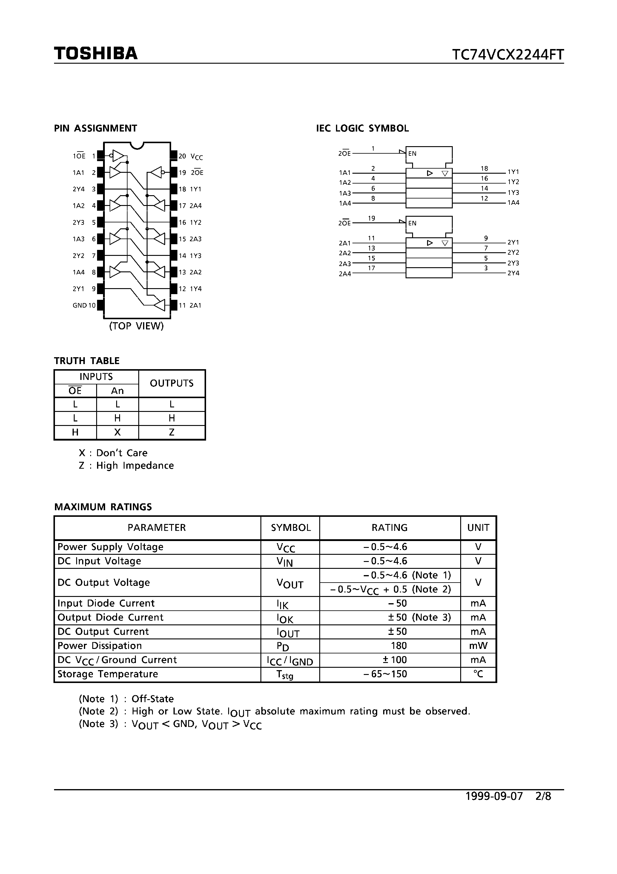 Datasheet TC74VCX2244FT - LOW VOLTAGE OCTAL BUS BUFFER WITH 3.6V TOLERANT INPUTS AND OUTPUTS page 2