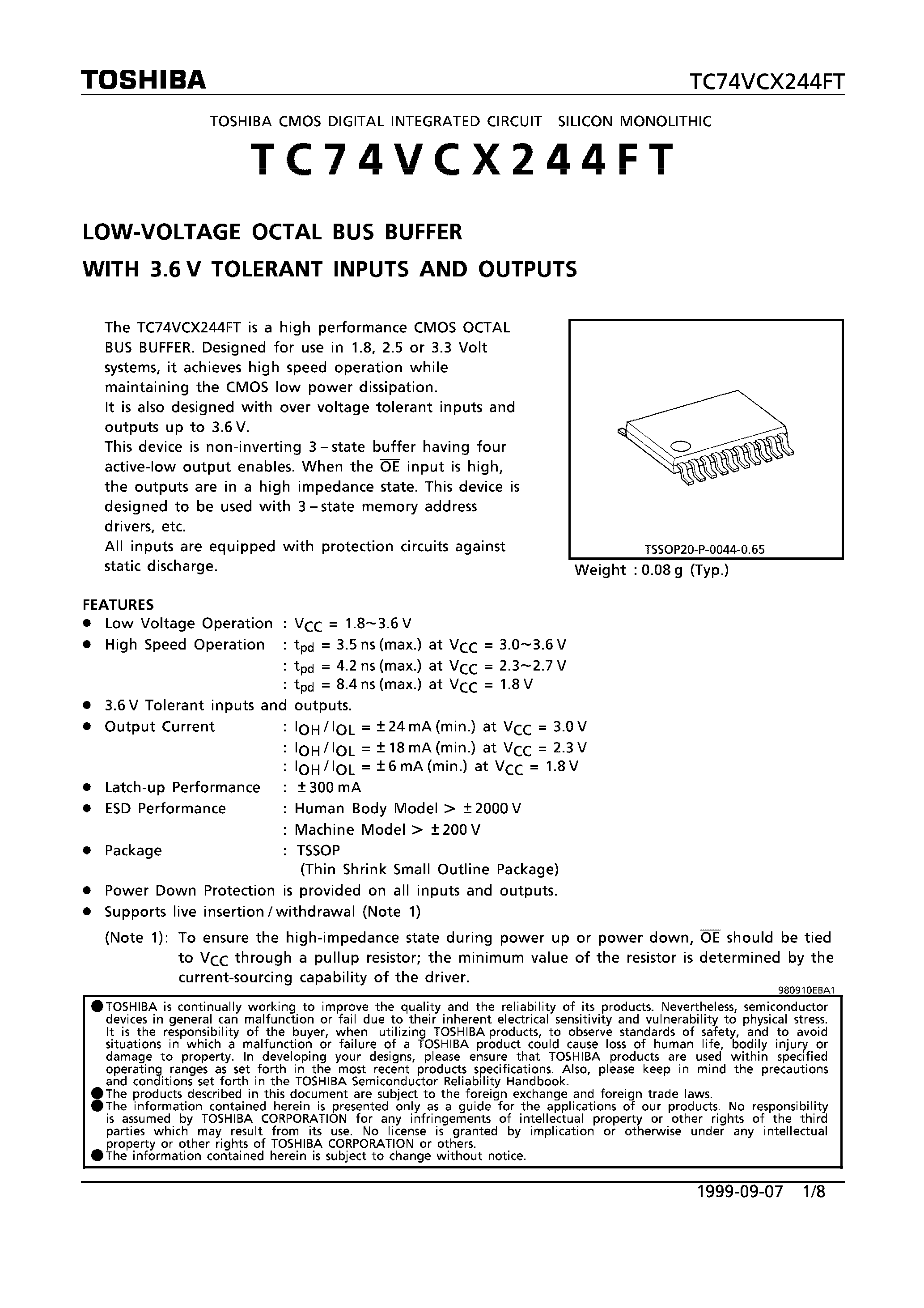Datasheet TC74VCX244FT - LOW VOLTAGE OCTAL BUS BUFFER WITH 3.6V TOLERANT INPUTS AND OUTPUTS page 1