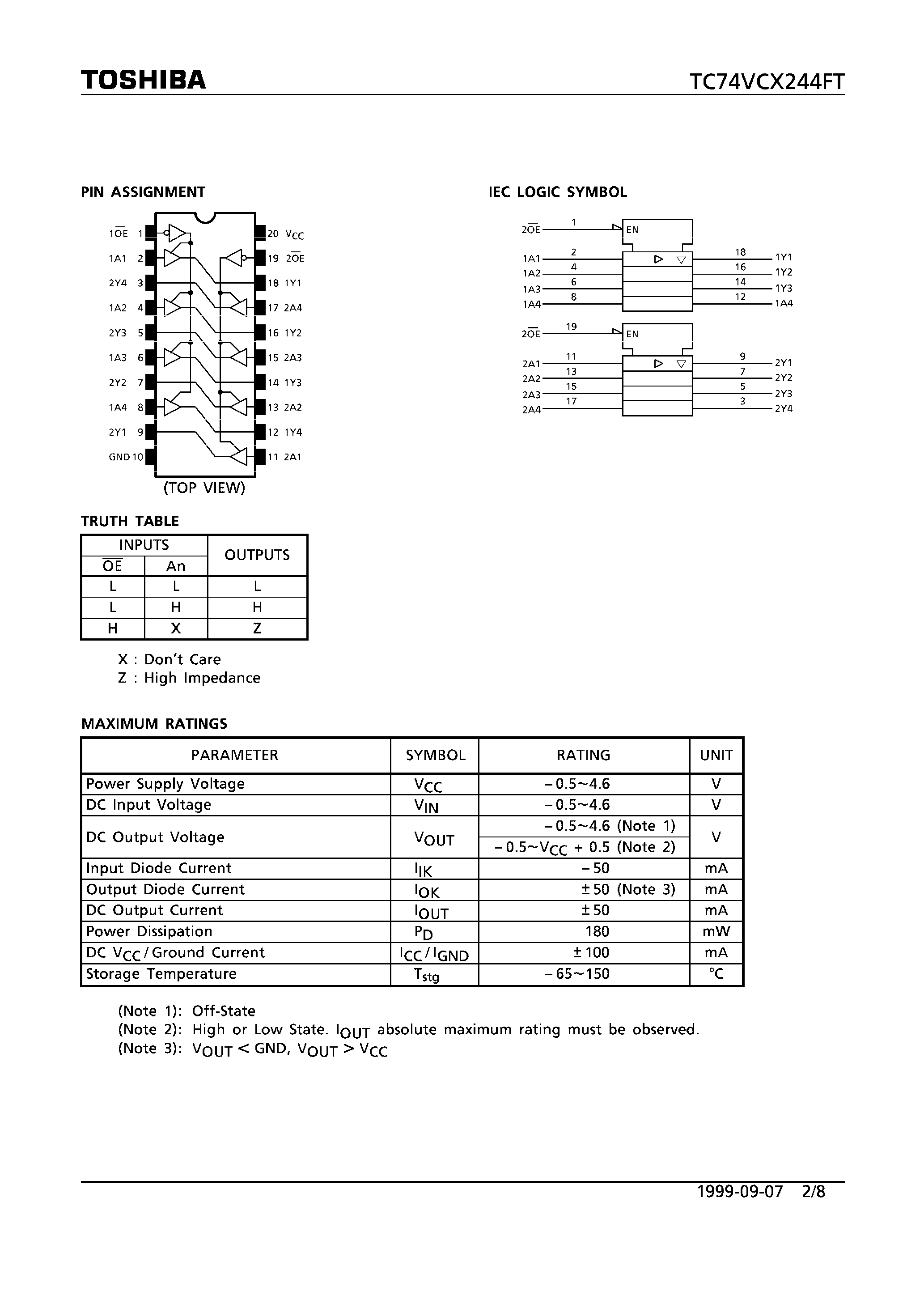 Datasheet TC74VCX244FT - LOW VOLTAGE OCTAL BUS BUFFER WITH 3.6V TOLERANT INPUTS AND OUTPUTS page 2