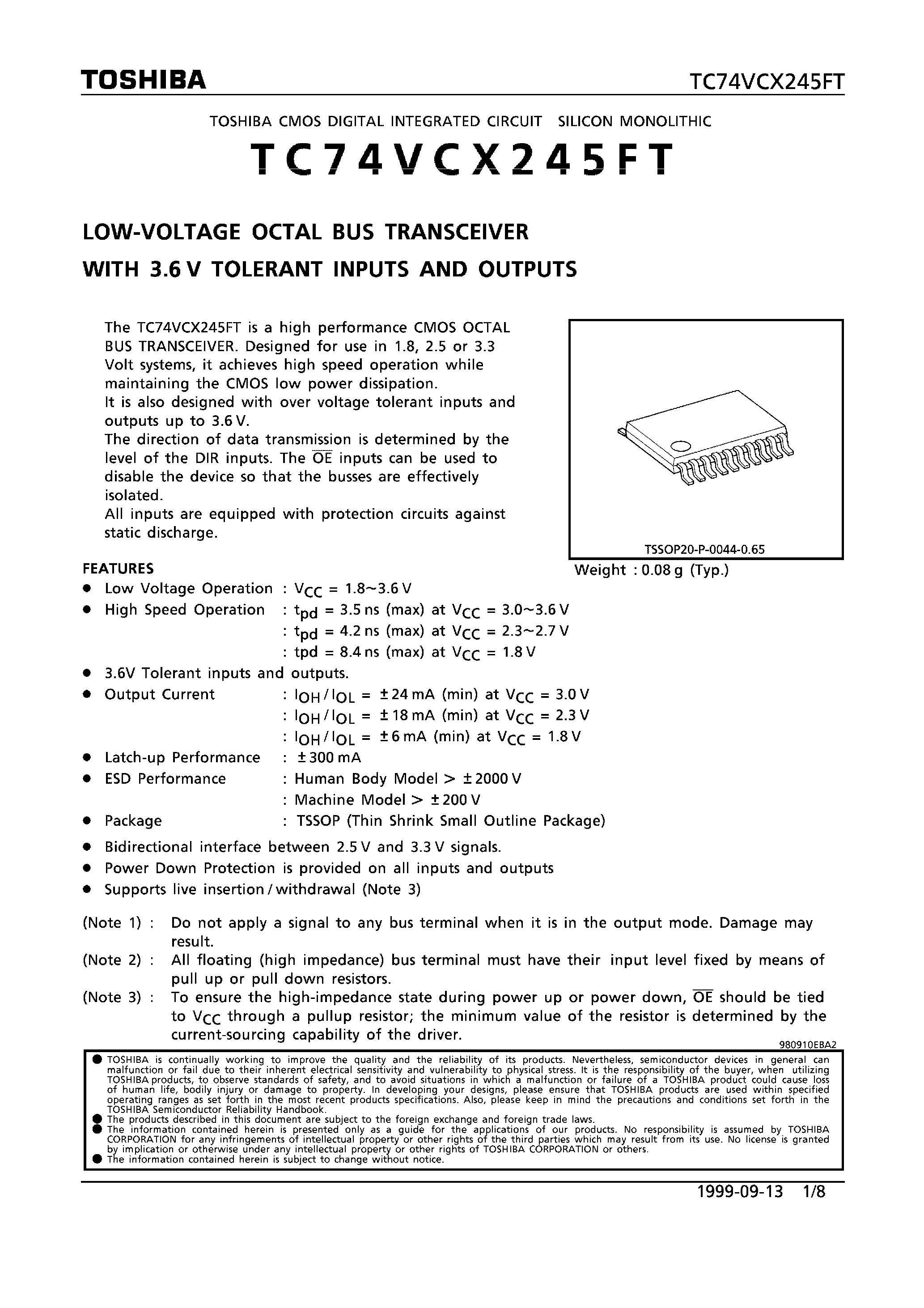 Datasheet TC74VCX245FT - LOW VOLTAGE OCTAL BUS TRANSCEIVER WITH 3.6V TOLERANT INPUTS AND OUTPUTS page 1
