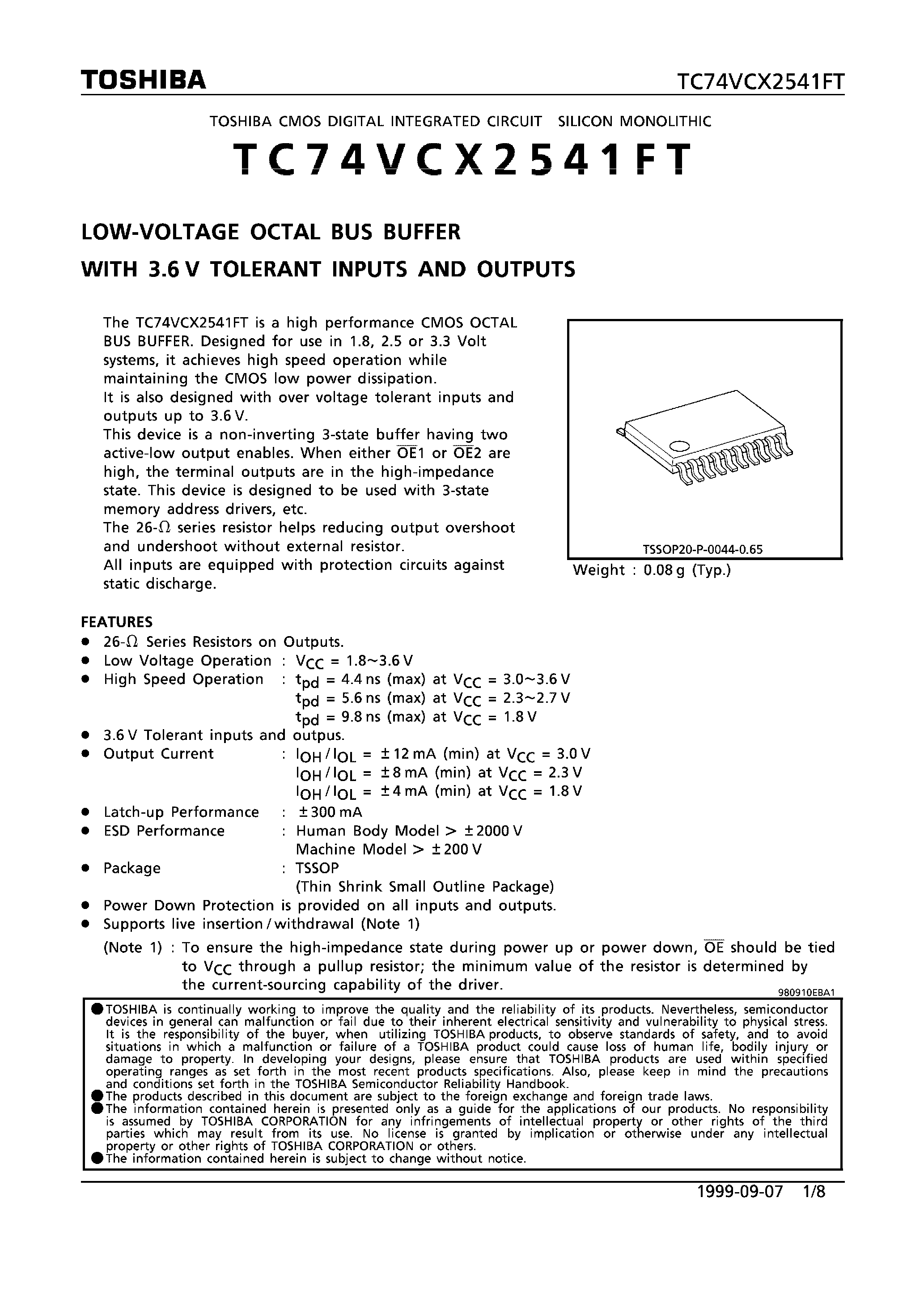 Datasheet TC74VCX2541FT - LOW VOLTAGE OCTAL BUS BUFFER WITH 3.6V TOLERANT INPUTS AND OUTPUTS page 1