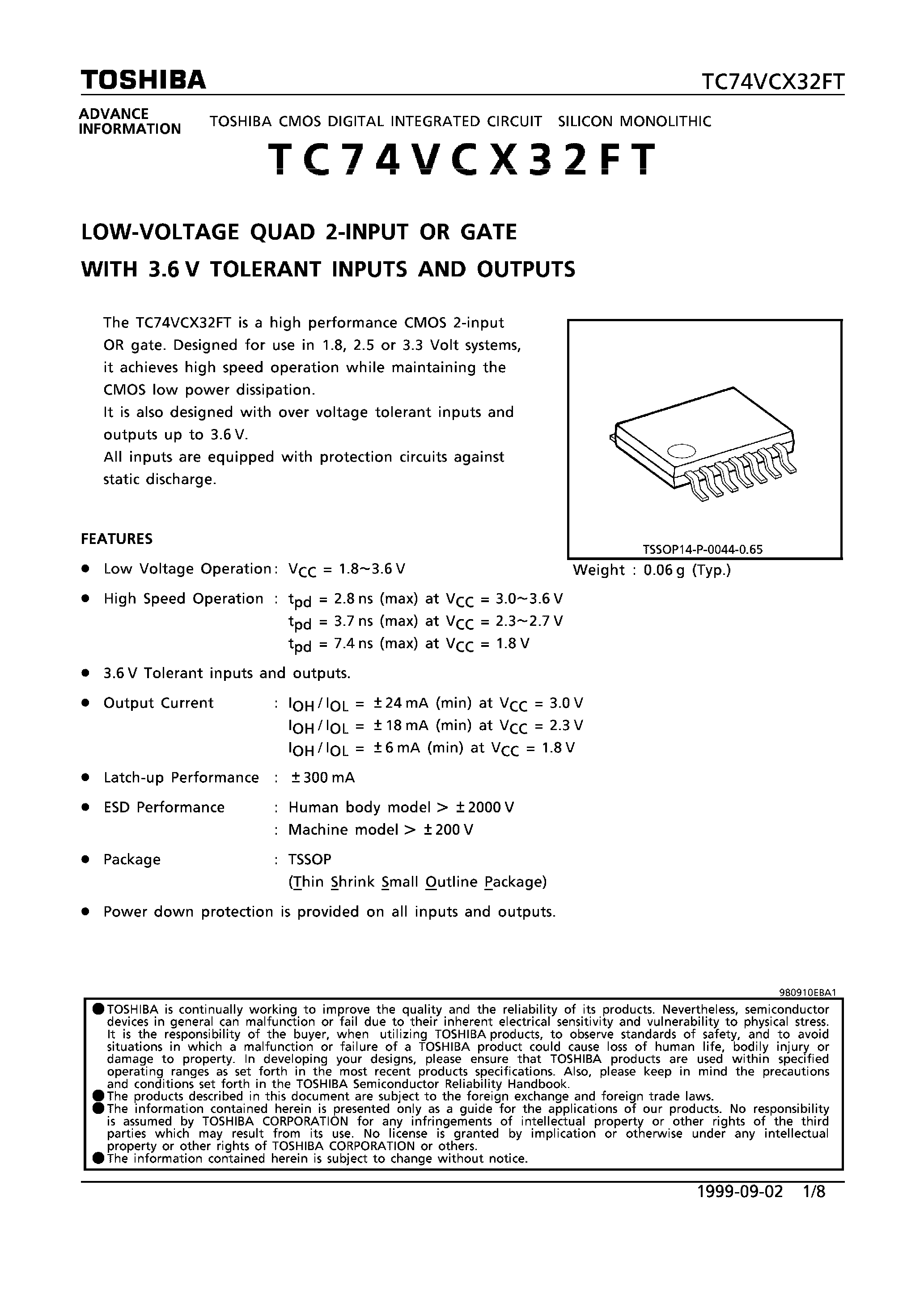 Datasheet TC74VCX32FT - LOW VOLTAGE QUAD 2-INPUT OR GATE WITH 3.6V TOLERANT INPUTS AND OUTPUTS page 1